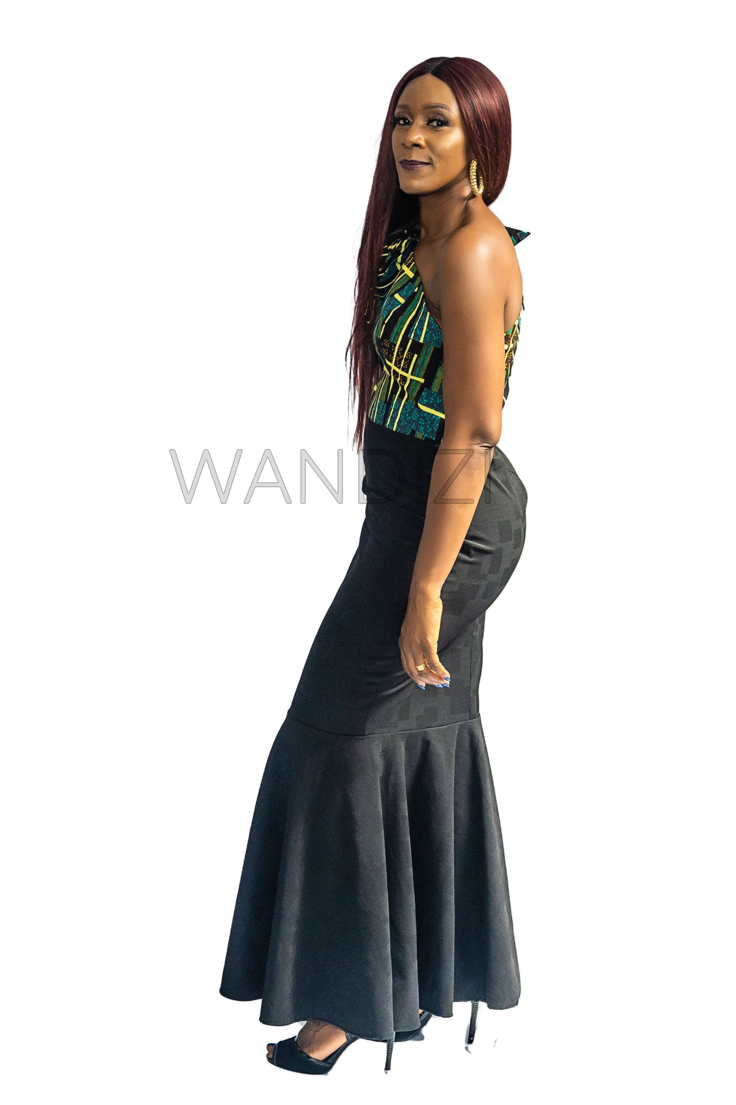 Ankara One Shoulder Rosette Lycra Mix Dress, African Print Dress, Ankara Maxi Dress