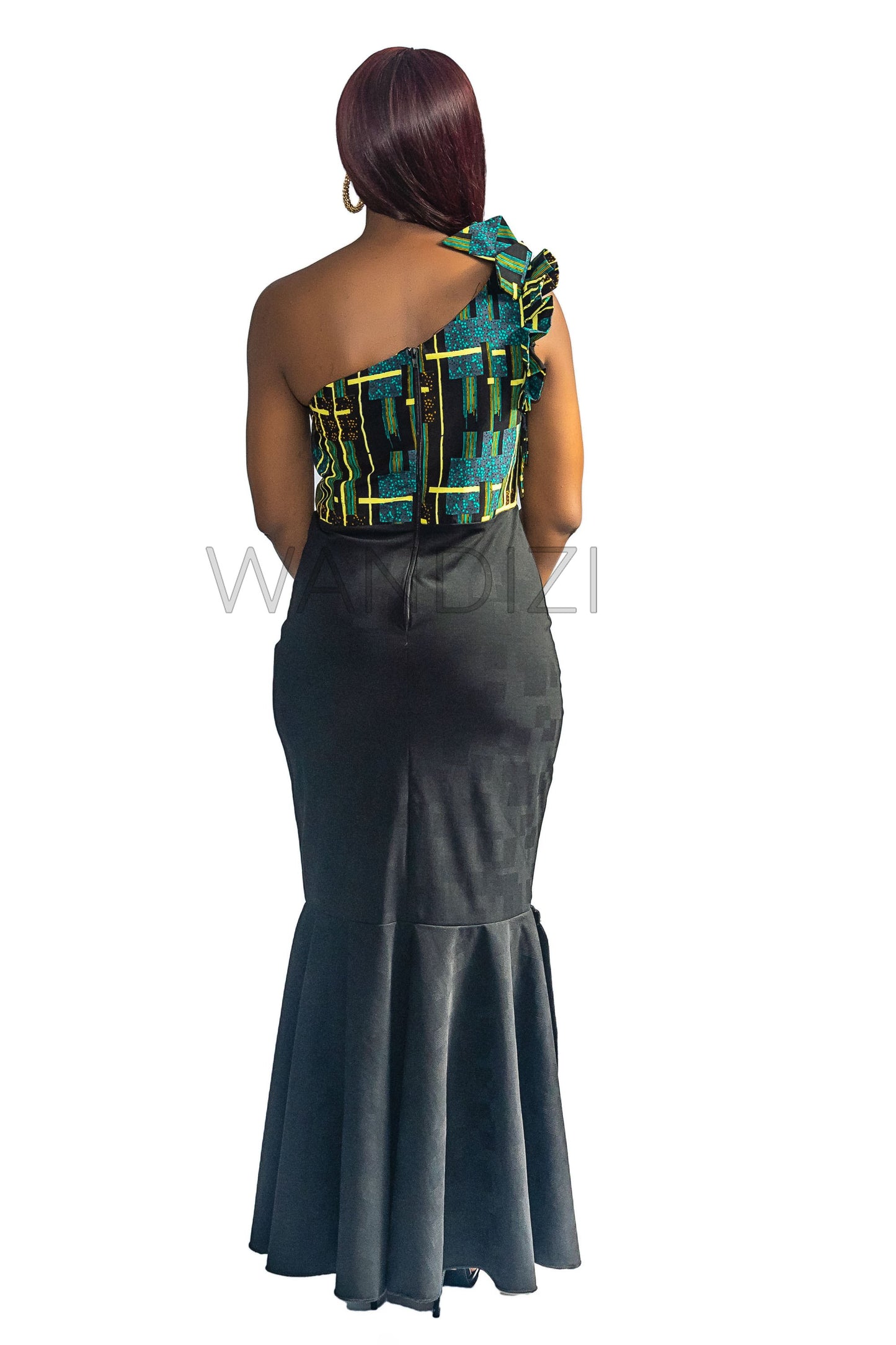 Ankara One Shoulder Rosette Lycra Mix Dress, African Print Dress, Ankara Maxi Dress