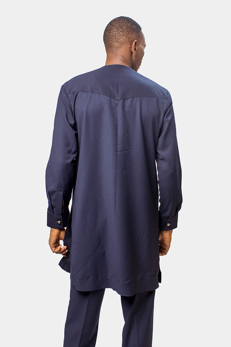 Exquisitely Finished Blue Suit with Print Design Front Pleats and White Piping