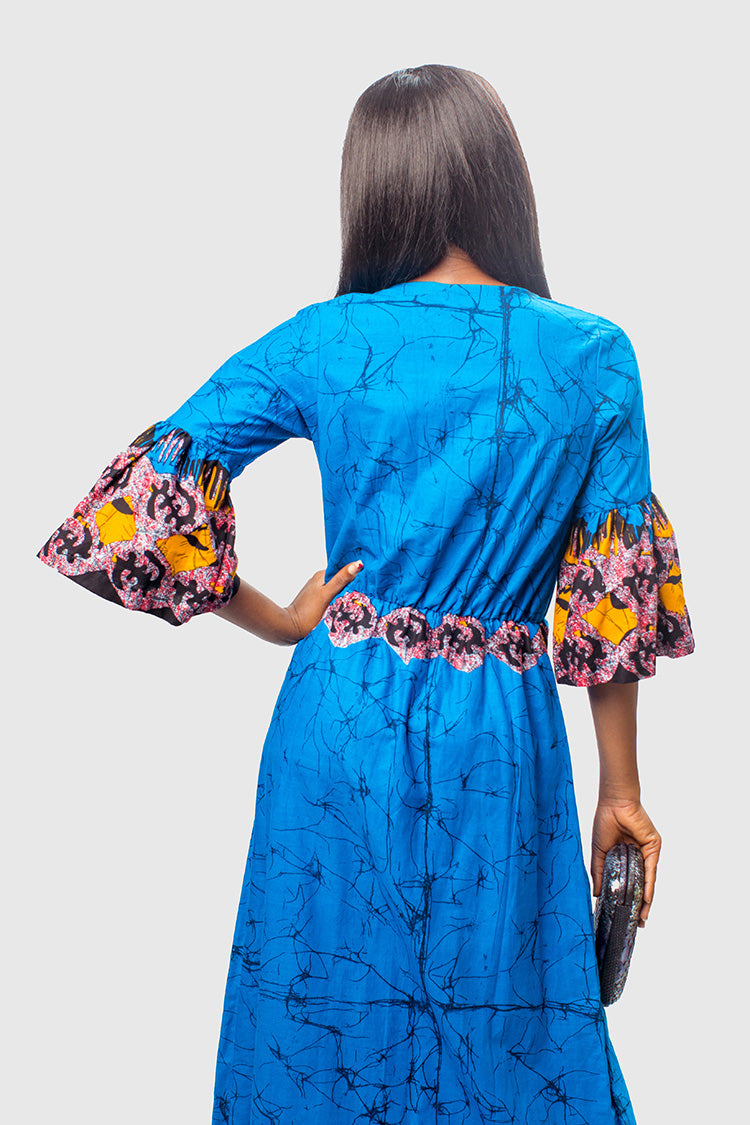Beautiful Blue Batik Long Dress with Sequins on V-neckline
