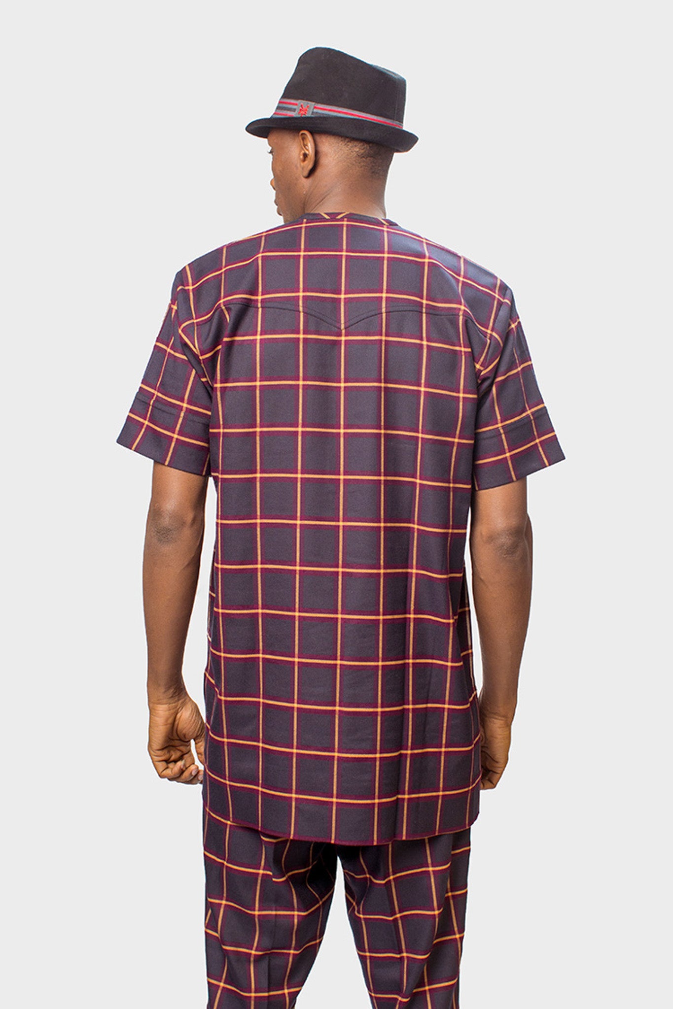 African men's suit in Window pane Navy blue, orange & wine red color