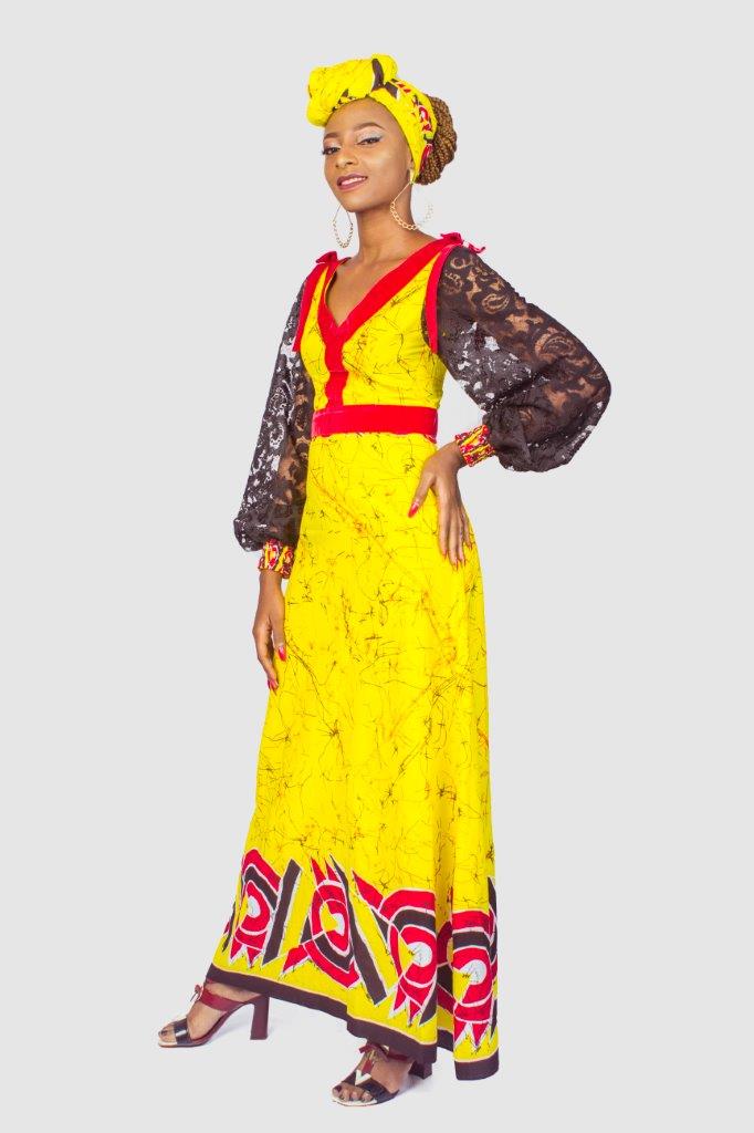 Ankara and Lace Mix Maxi Dress with velvet trimmings