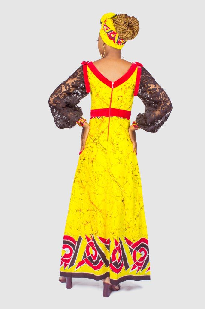 Ankara and Lace Mix Maxi Dress with velvet trimmings