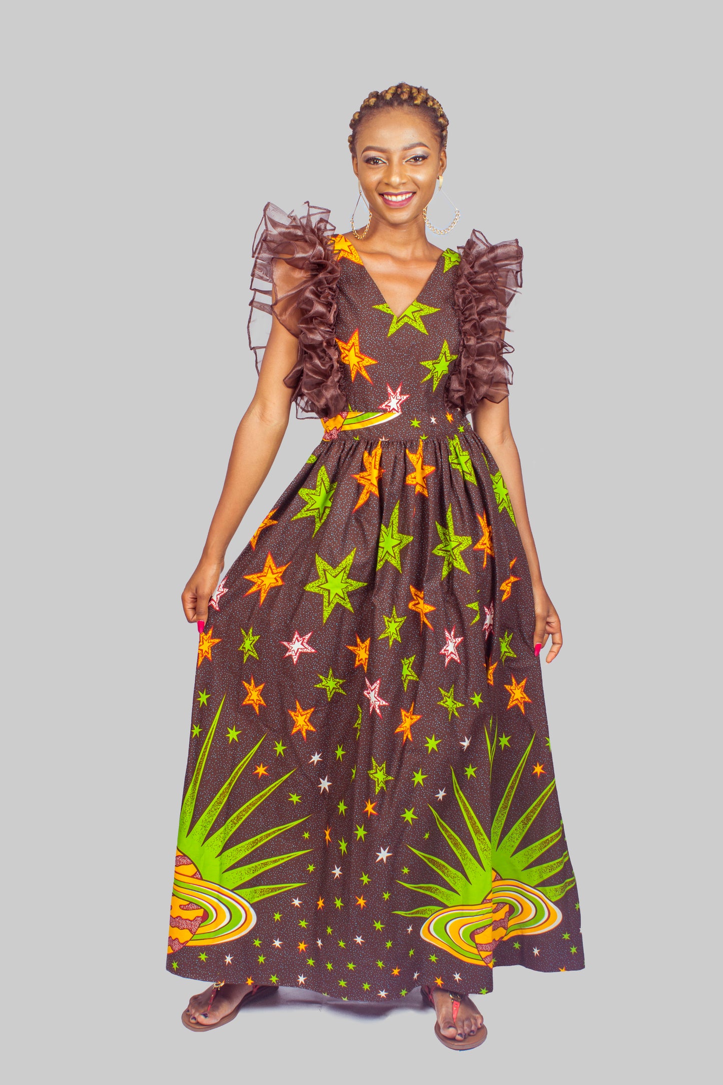 African Print Maxi Dress with Organza Ruffles, Ankara Long Dress, African Clothing for Women