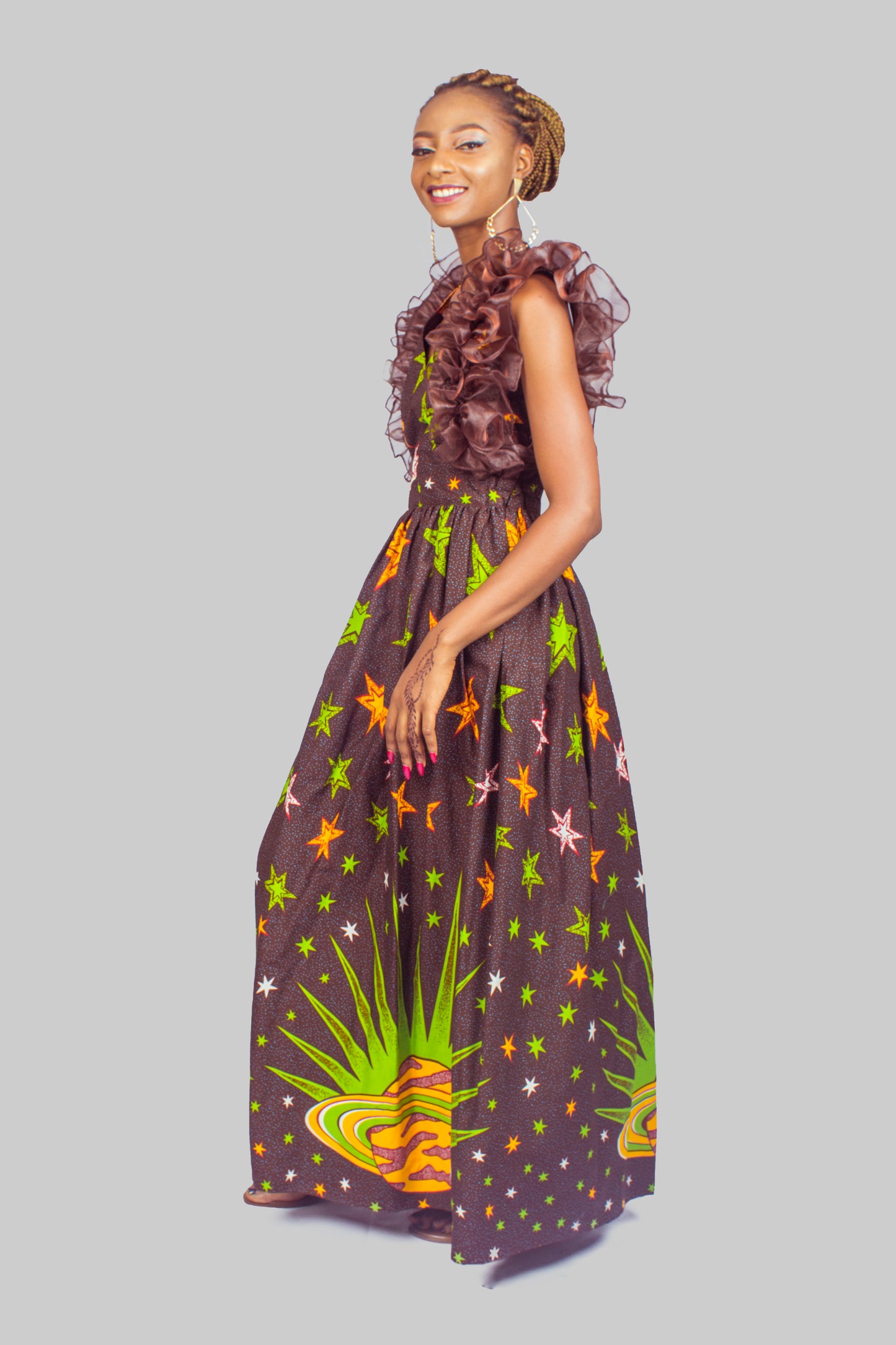 African Print Maxi Dress with Organza Ruffles, Ankara Long Dress, African Clothing for Women