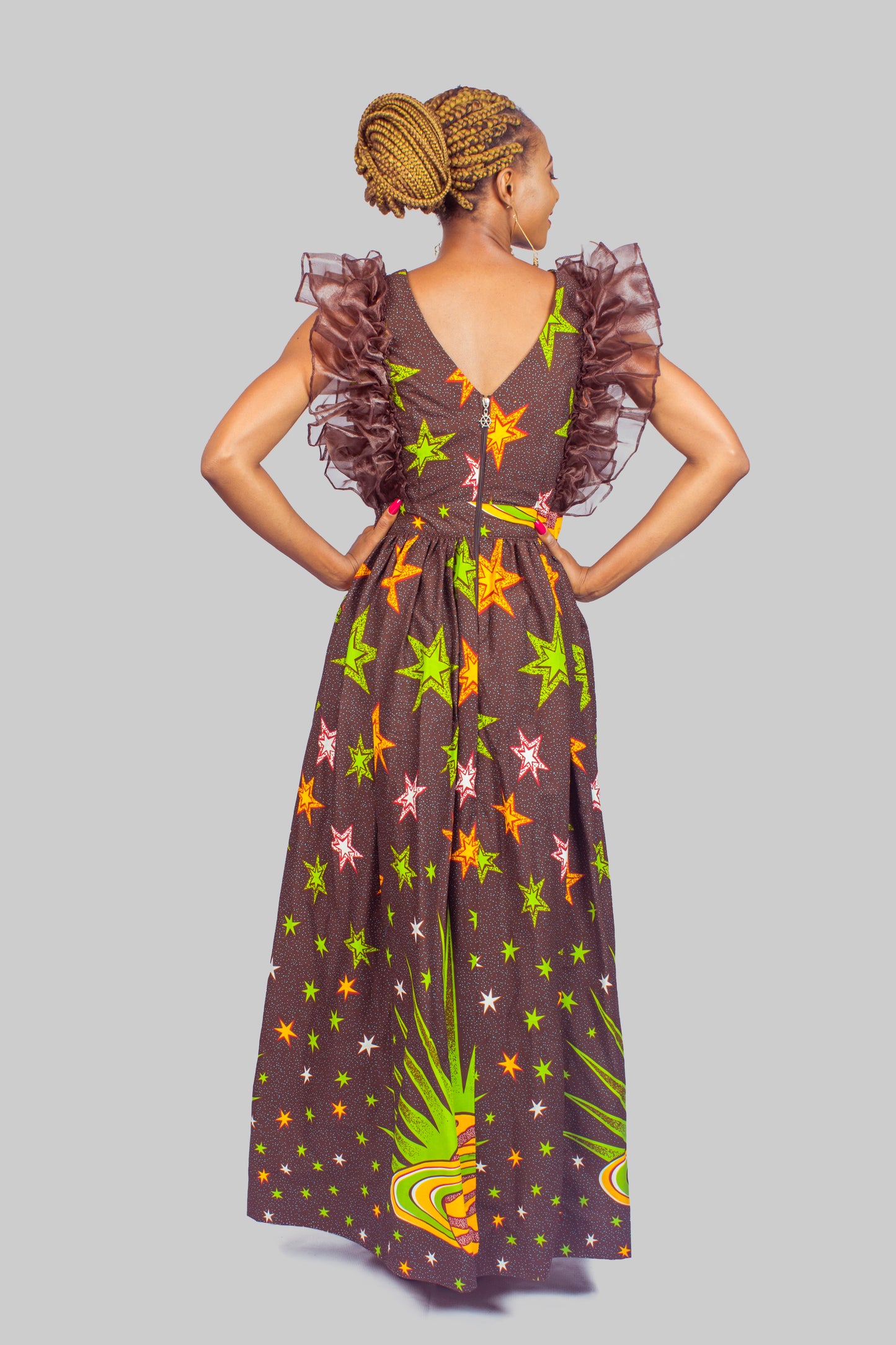 African Print Maxi Dress with Organza Ruffles, Ankara Long Dress, African Clothing for Women