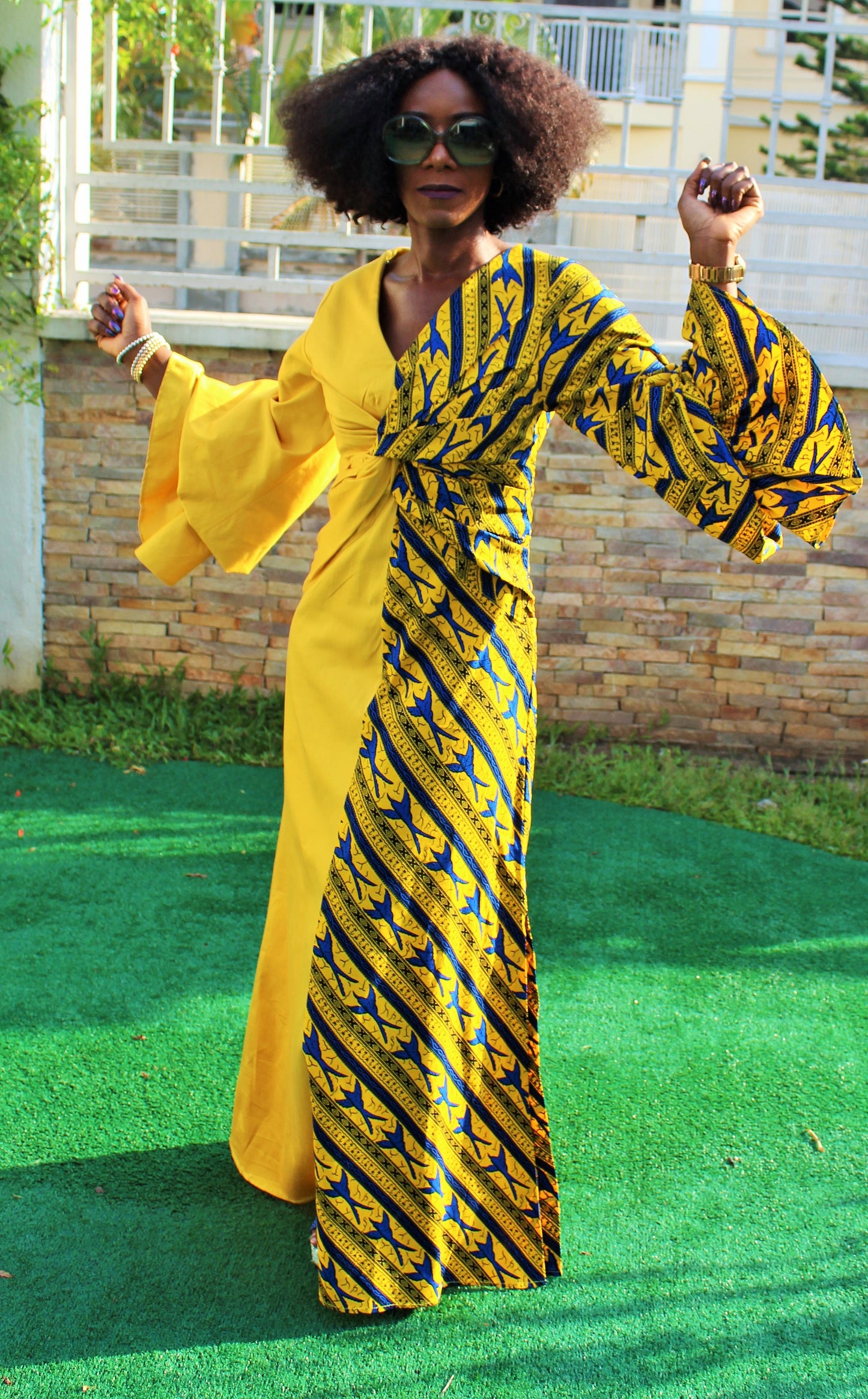Ankara and Cotton Mix Maxi Dress with exaggerated puff sleeves, African Print Maxi Dress
