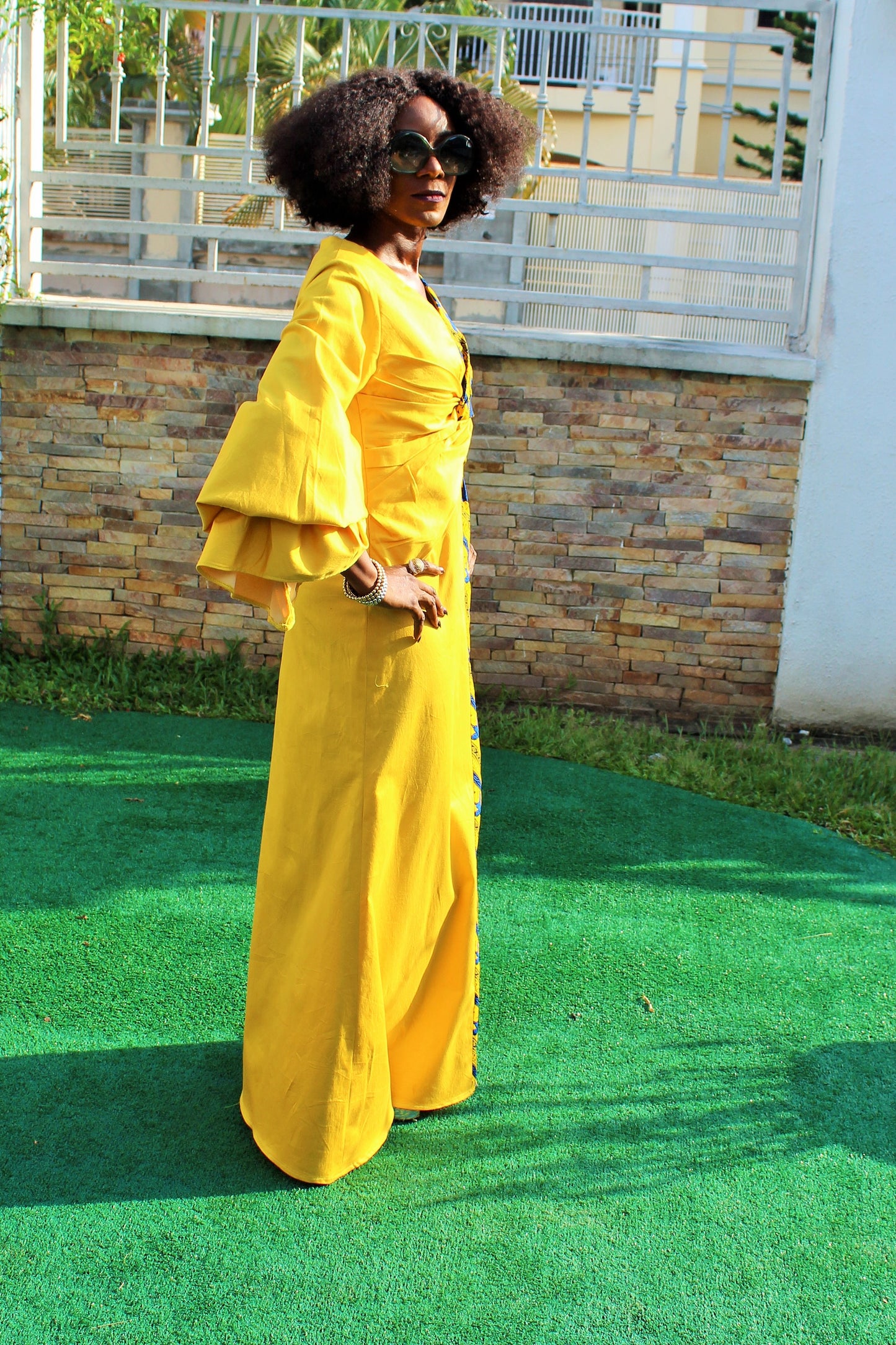 Ankara and Cotton Mix Maxi Dress with exaggerated puff sleeves, African Print Maxi Dress