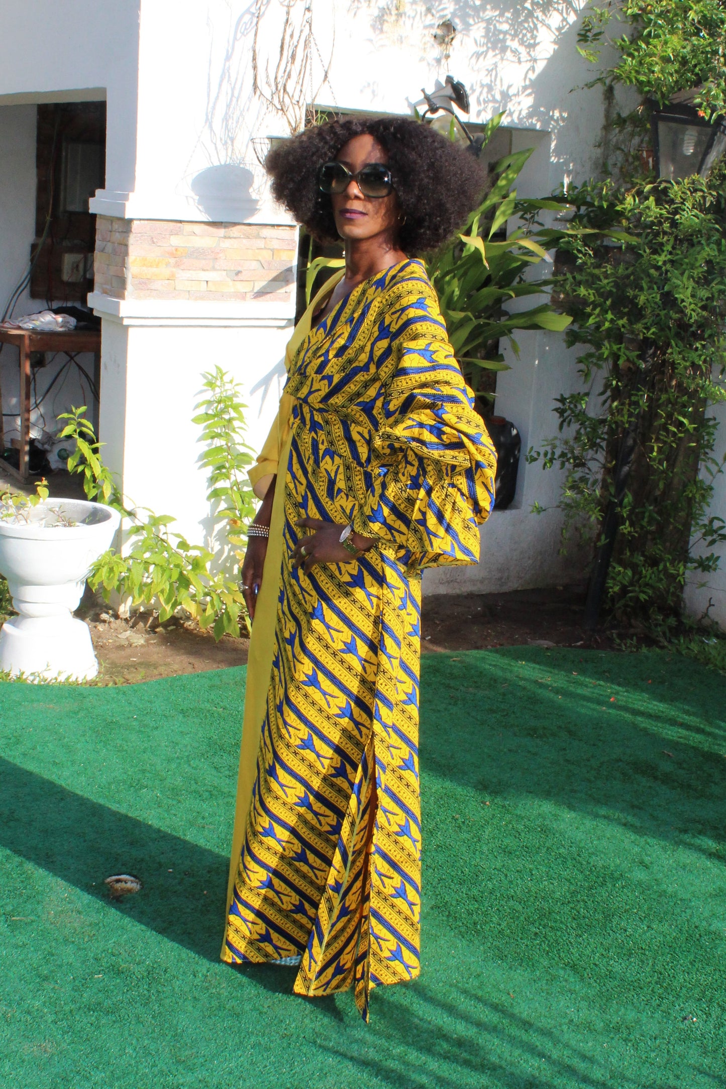Ankara and Cotton Mix Maxi Dress with exaggerated puff sleeves, African Print Maxi Dress