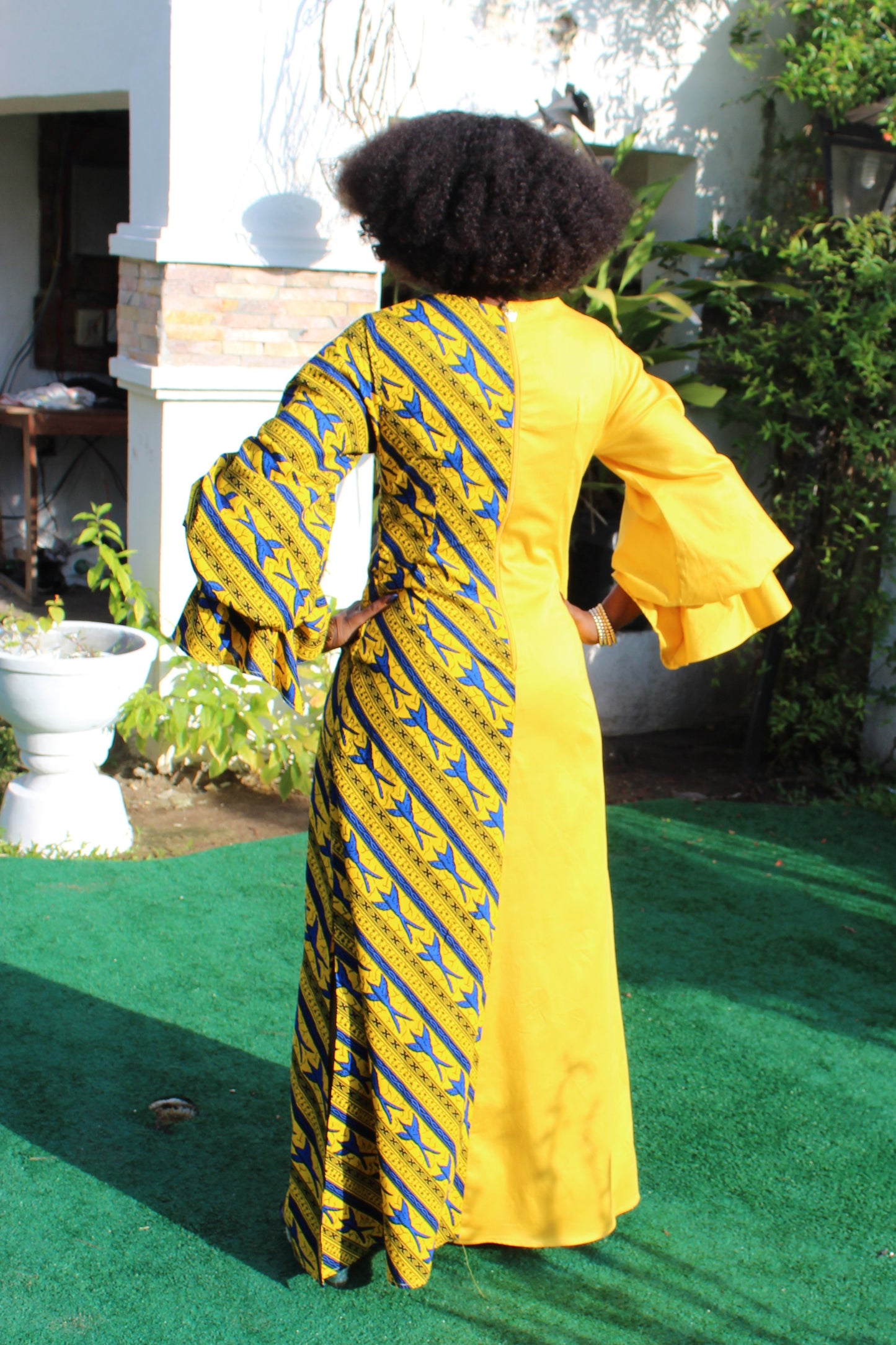 Ankara and Cotton Mix Maxi Dress with exaggerated puff sleeves, African Print Maxi Dress