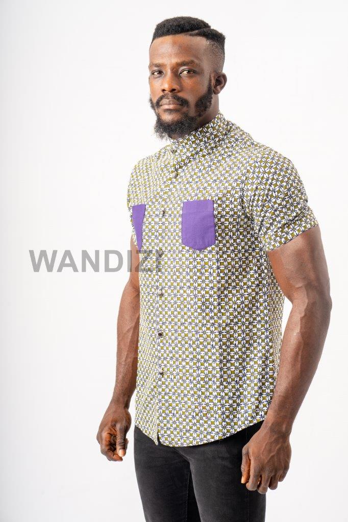 Purple mix Ankara Shirt with Patch Pockets, African Men Clothing, African Mens Wear, Ankara Shirt