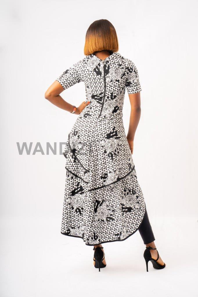 Black and White Asymmetrical Peplum Top, High Neck Irregular Layered Peplum Top