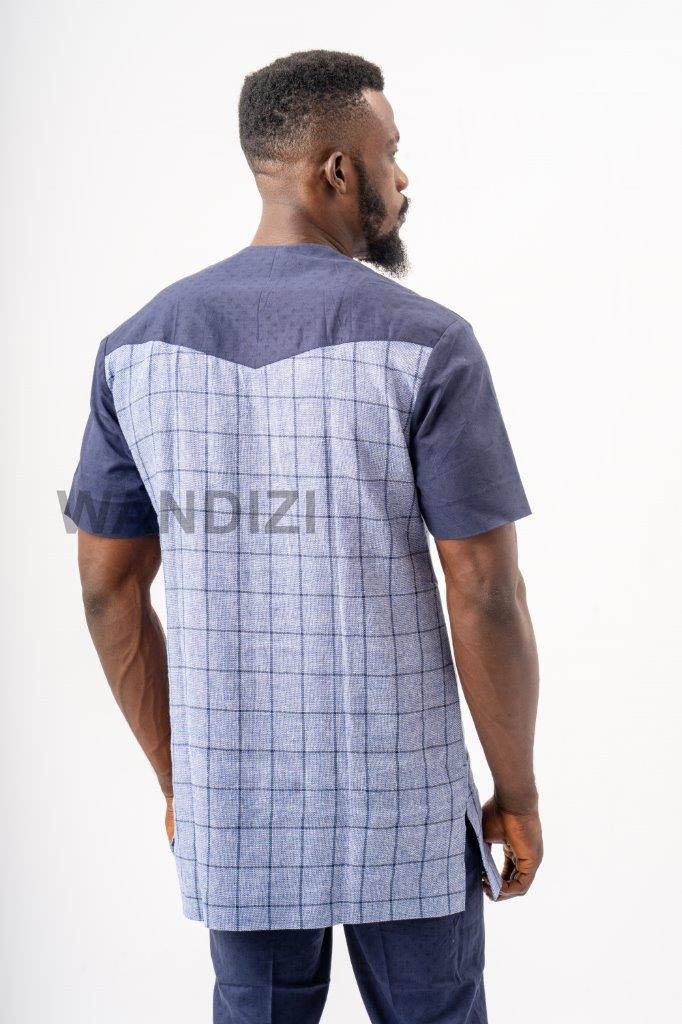 Window Pane Blue African Suit, Kaftan, African Men Clothing, African Mens Suit, African Wedding Men