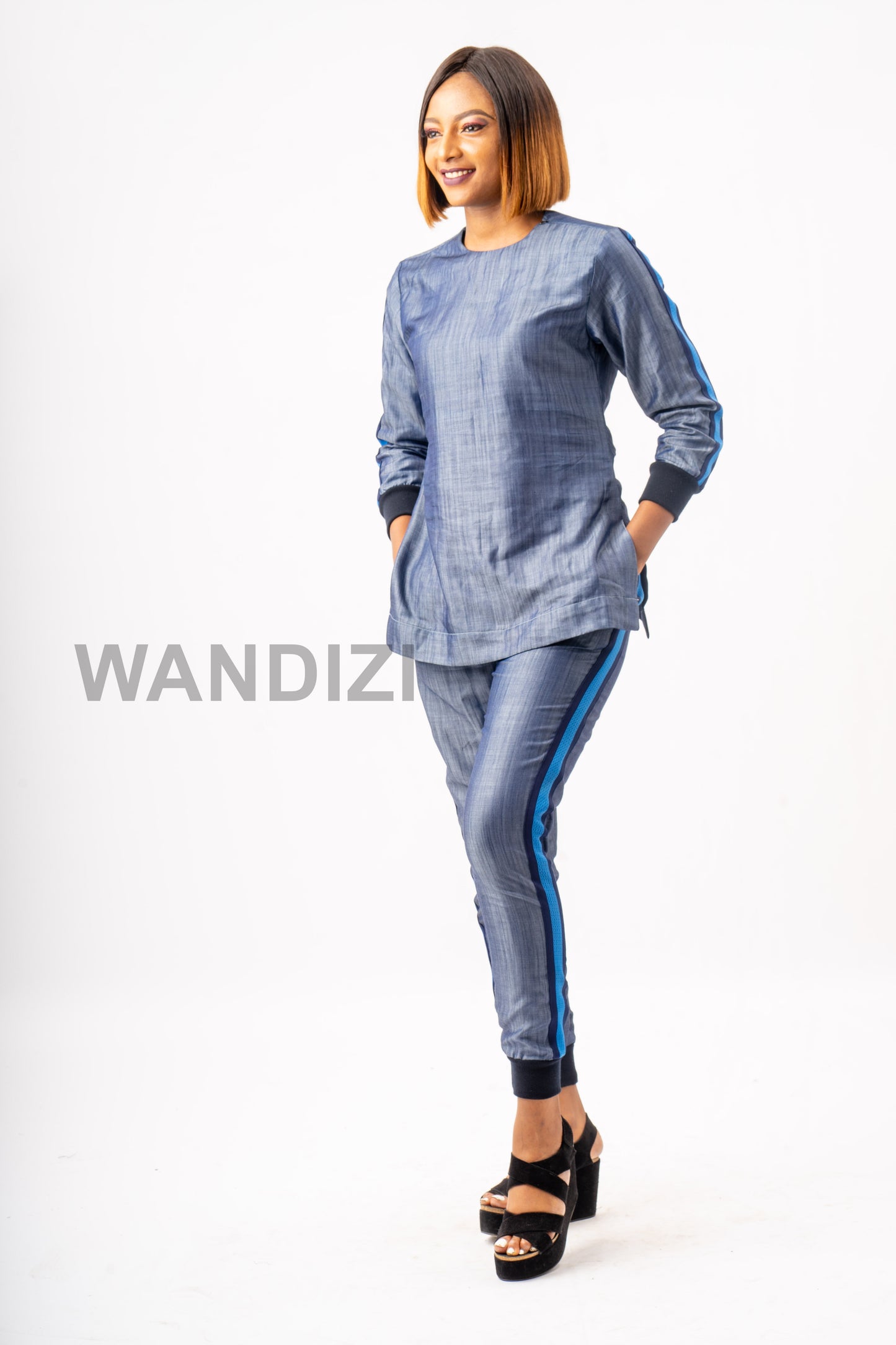 Denim Top and Jogger Pants with Side Stripe Accents, Jeans Top and Jogger Pants