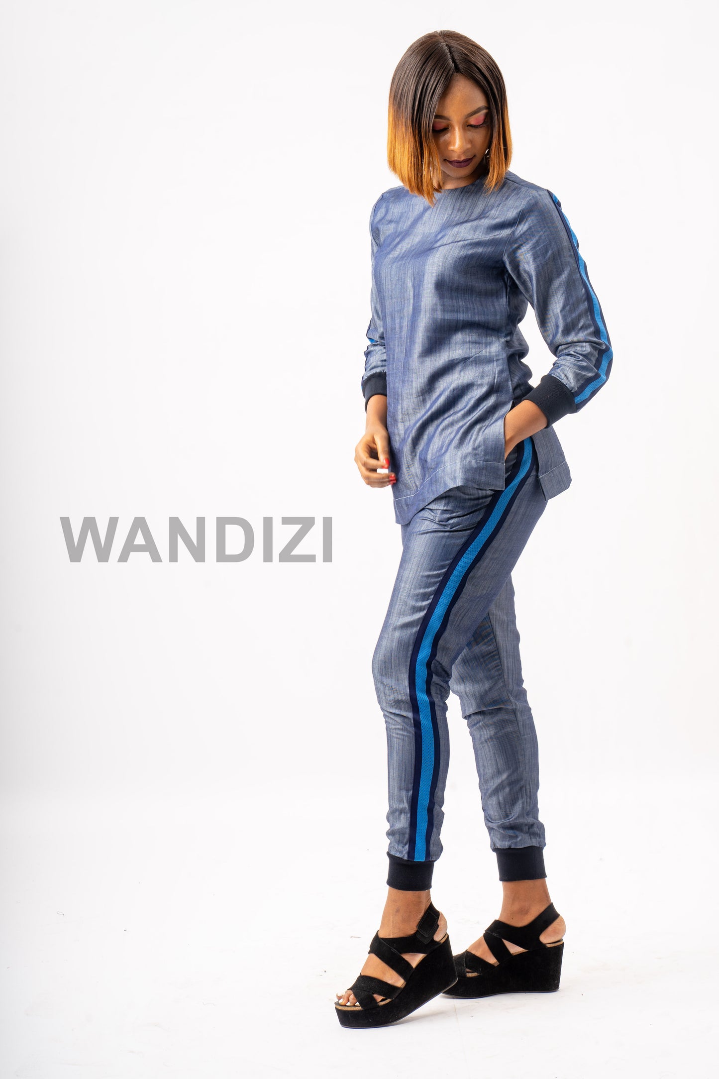 Denim Top and Jogger Pants with Side Stripe Accents, Jeans Top and Jogger Pants