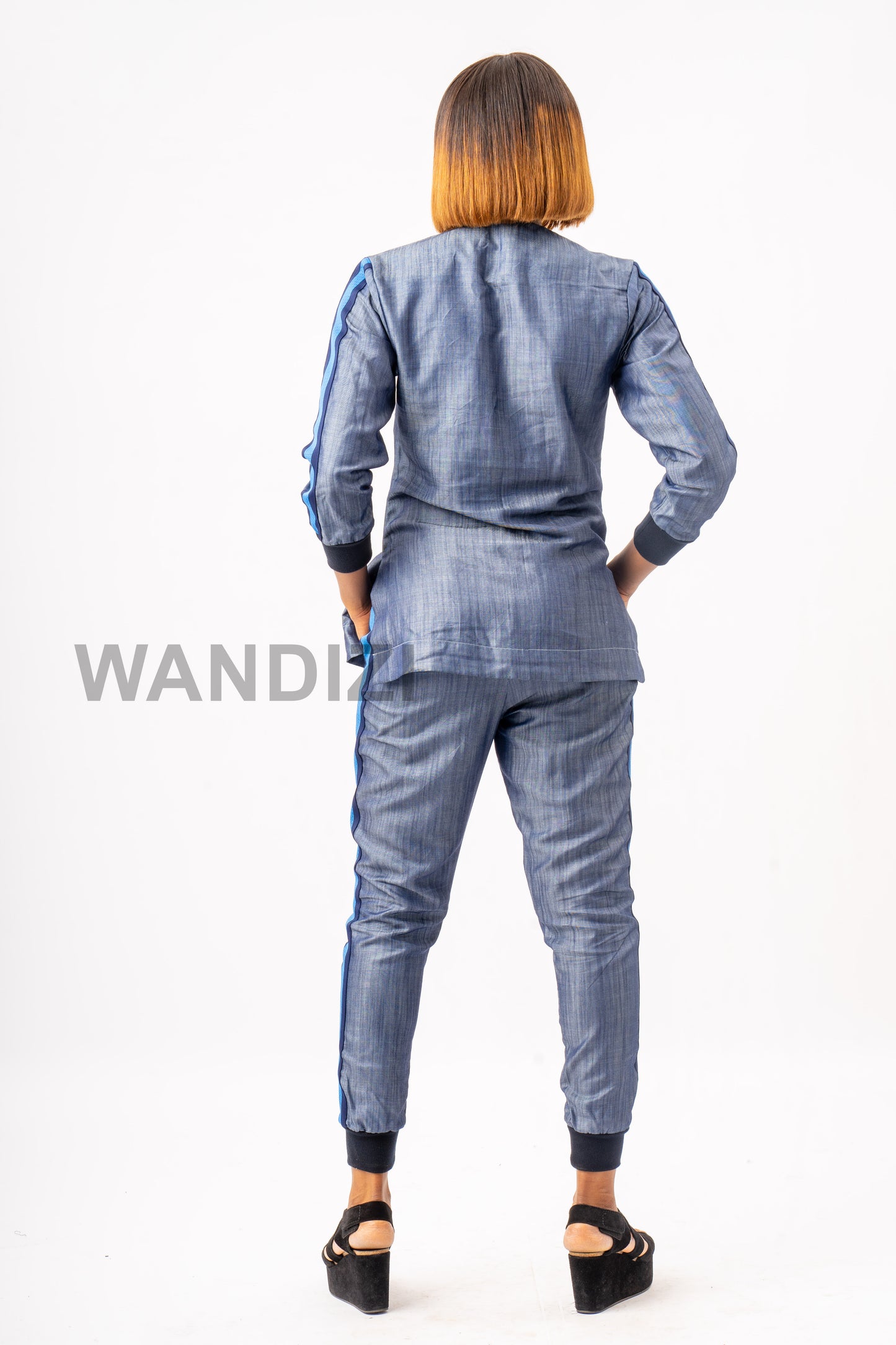 Denim Top and Jogger Pants with Side Stripe Accents, Jeans Top and Jogger Pants