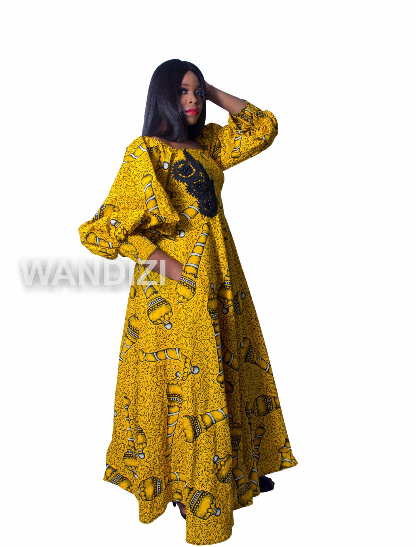 Yellow Ankara Maxi Dress with lace applique