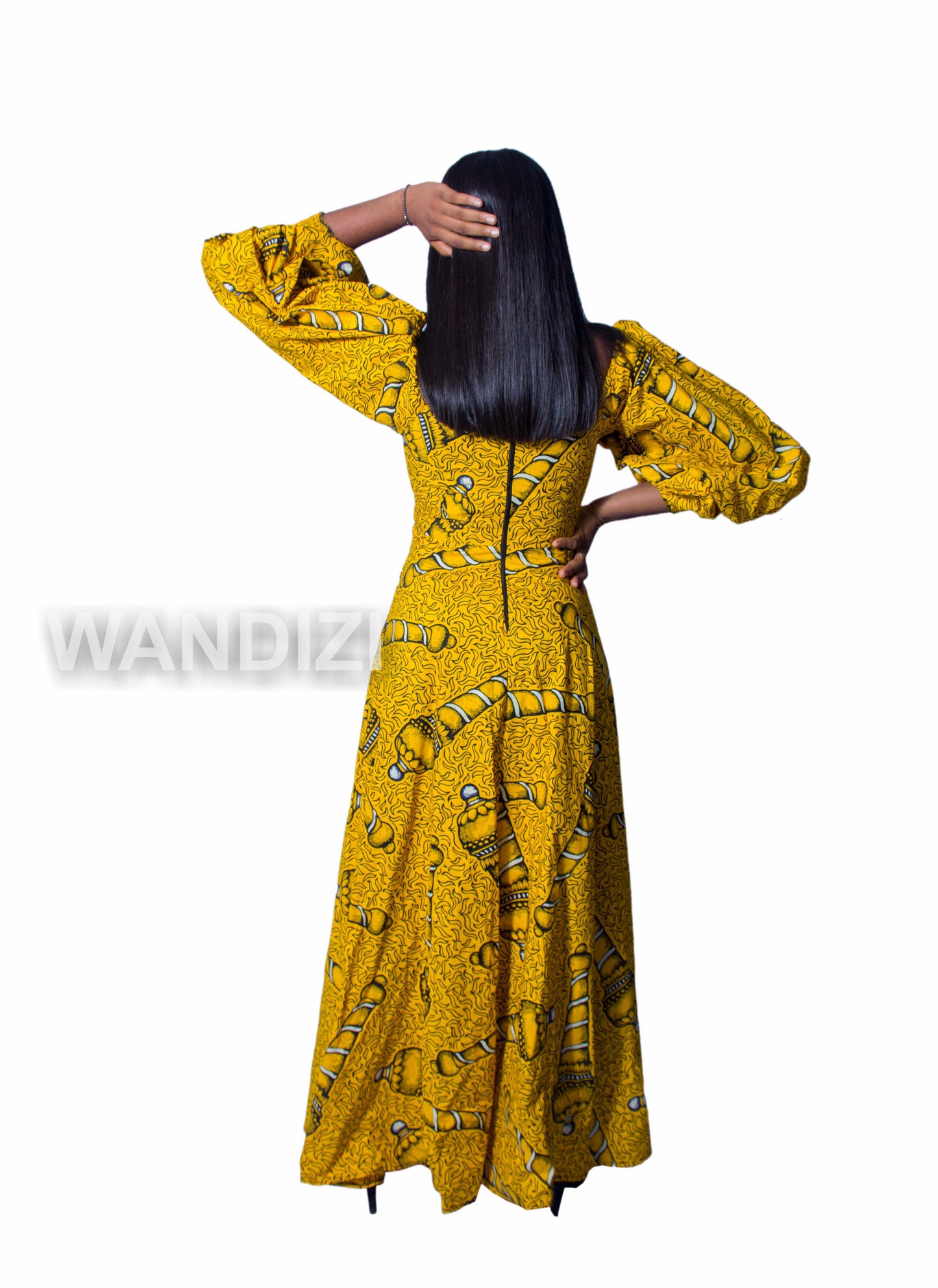 Yellow Ankara Maxi Dress with lace applique