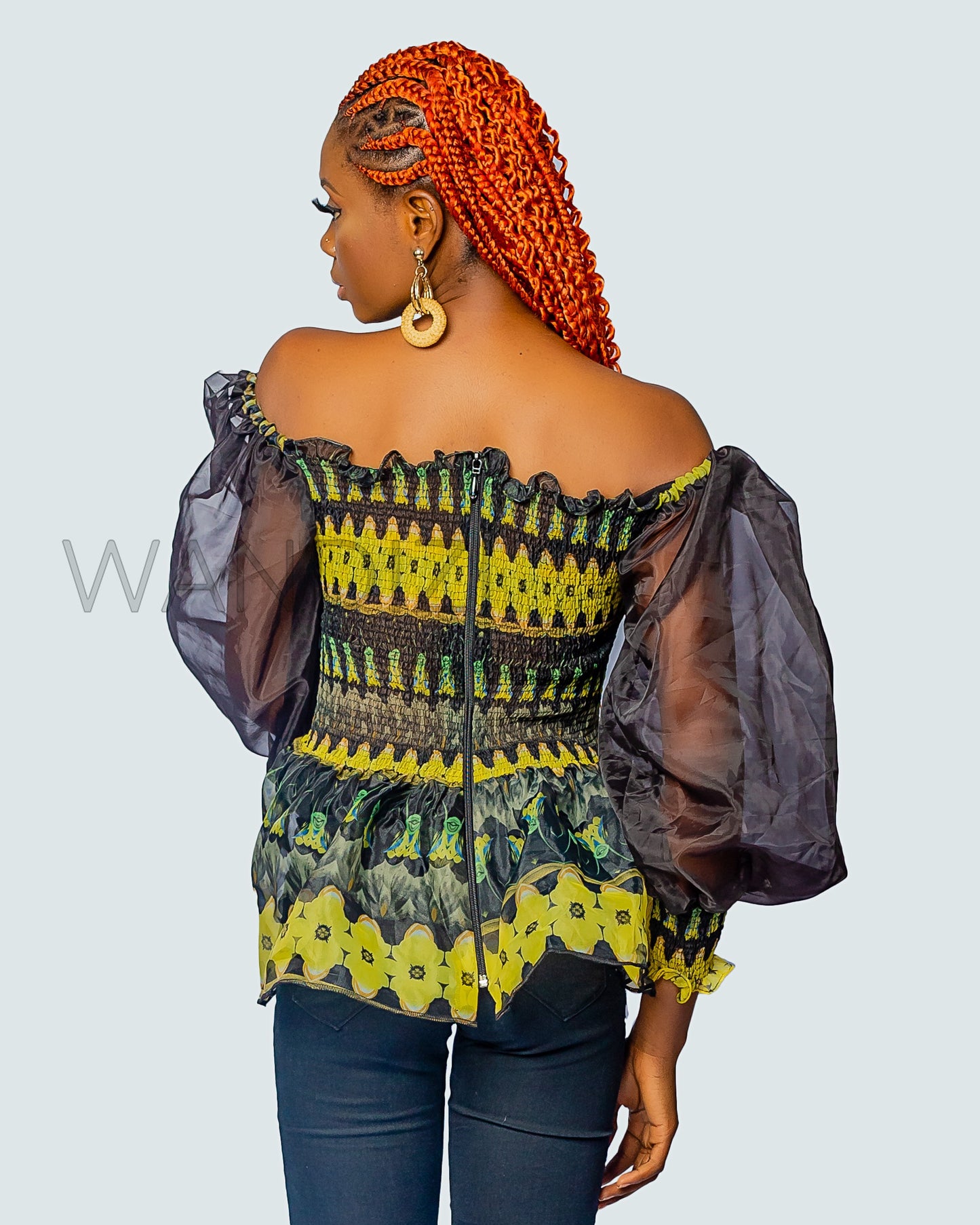 Organza Smocked Off Shoulder Puff Sleeve Top, Womens Clothing, Off the shoulder top