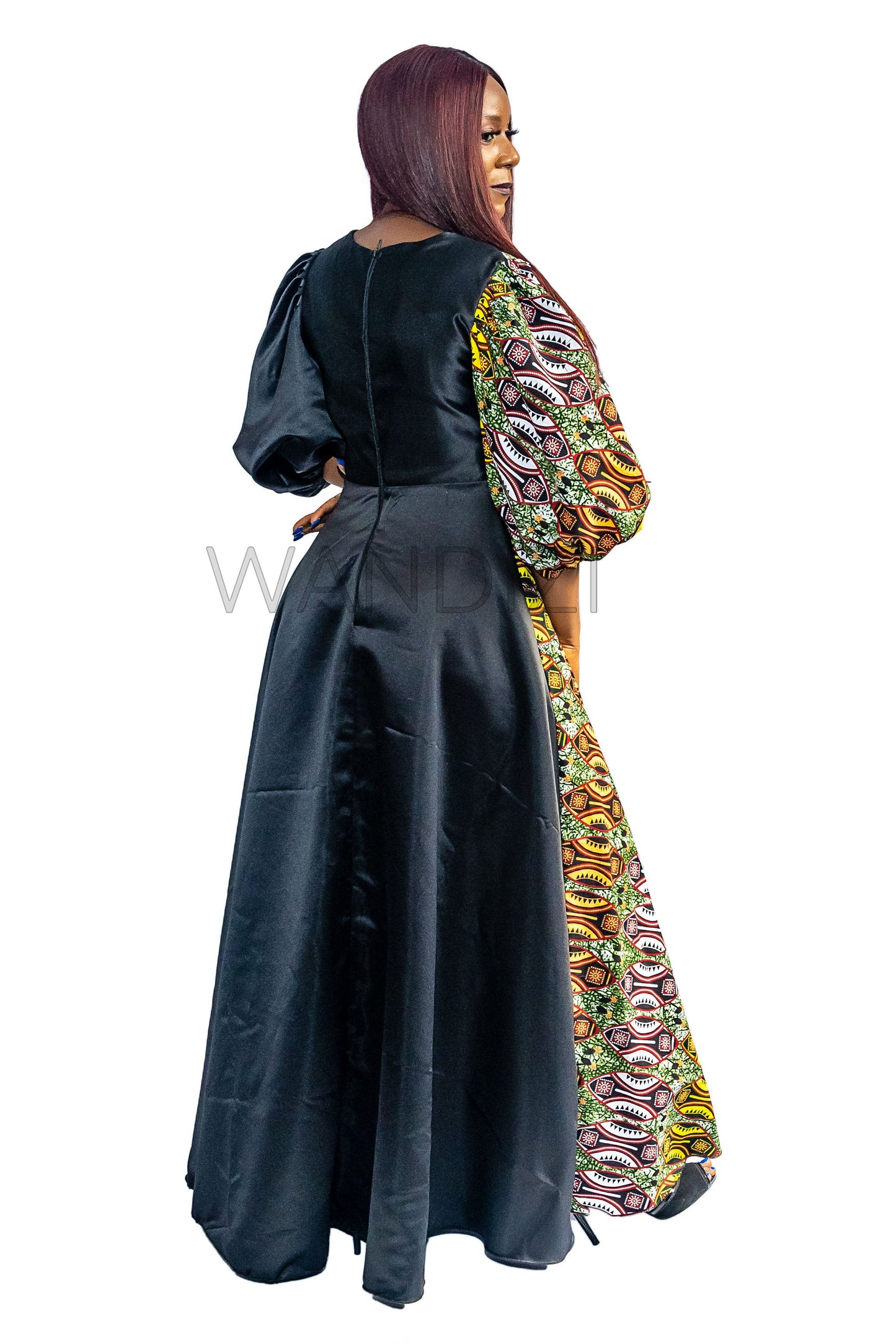 African Print and Satin Maxi Puff Sleeve Dress, Ankara Long Dress, African Womens Clothing