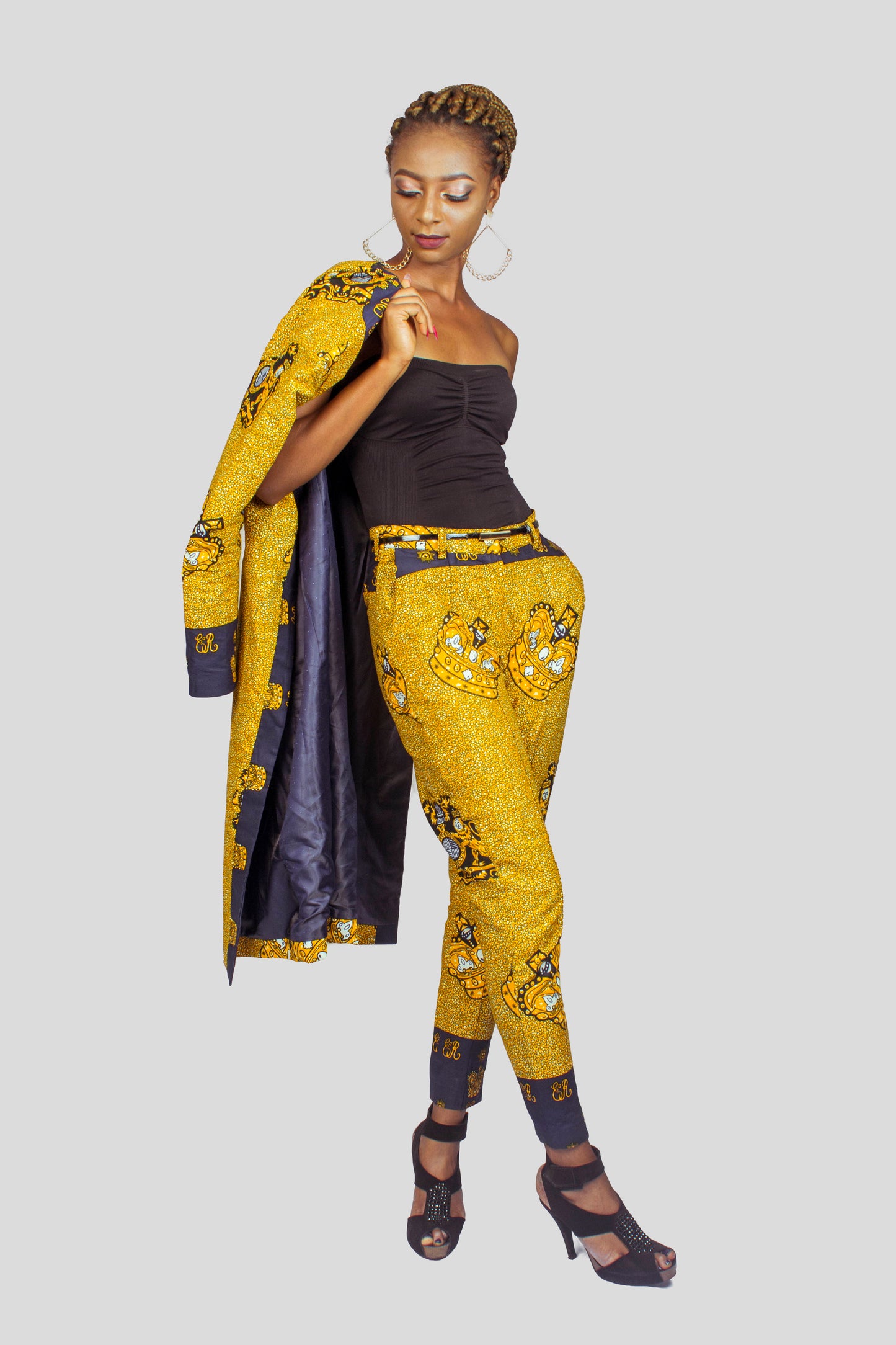 Gold African Print Ankara Long Jacket and matching jogger pants, Ankara Jacket, Ankara pants