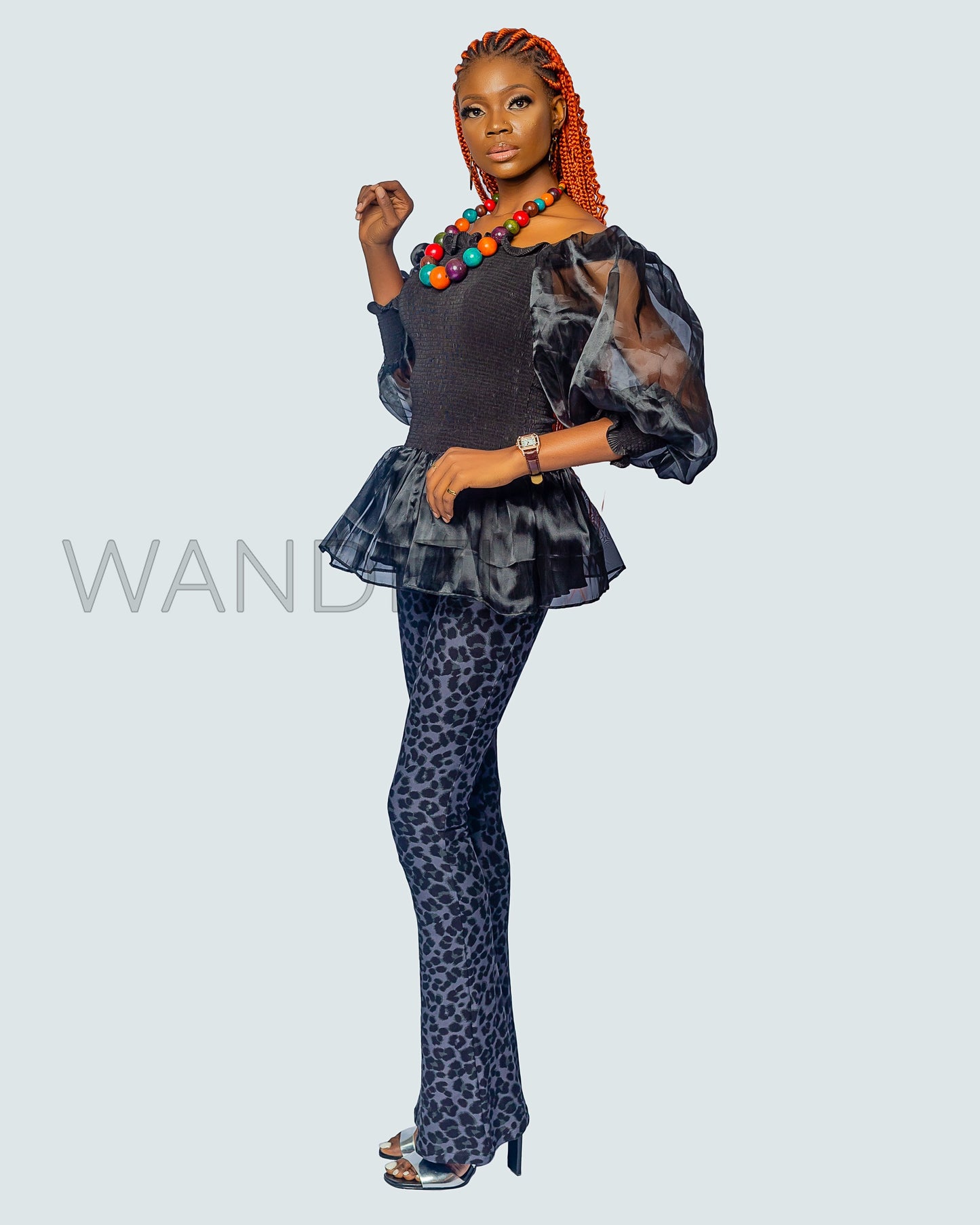 Black Organza Smocked Off Shoulder Puff Sleeve Top, Womens Clothing, Off the shoulder top
