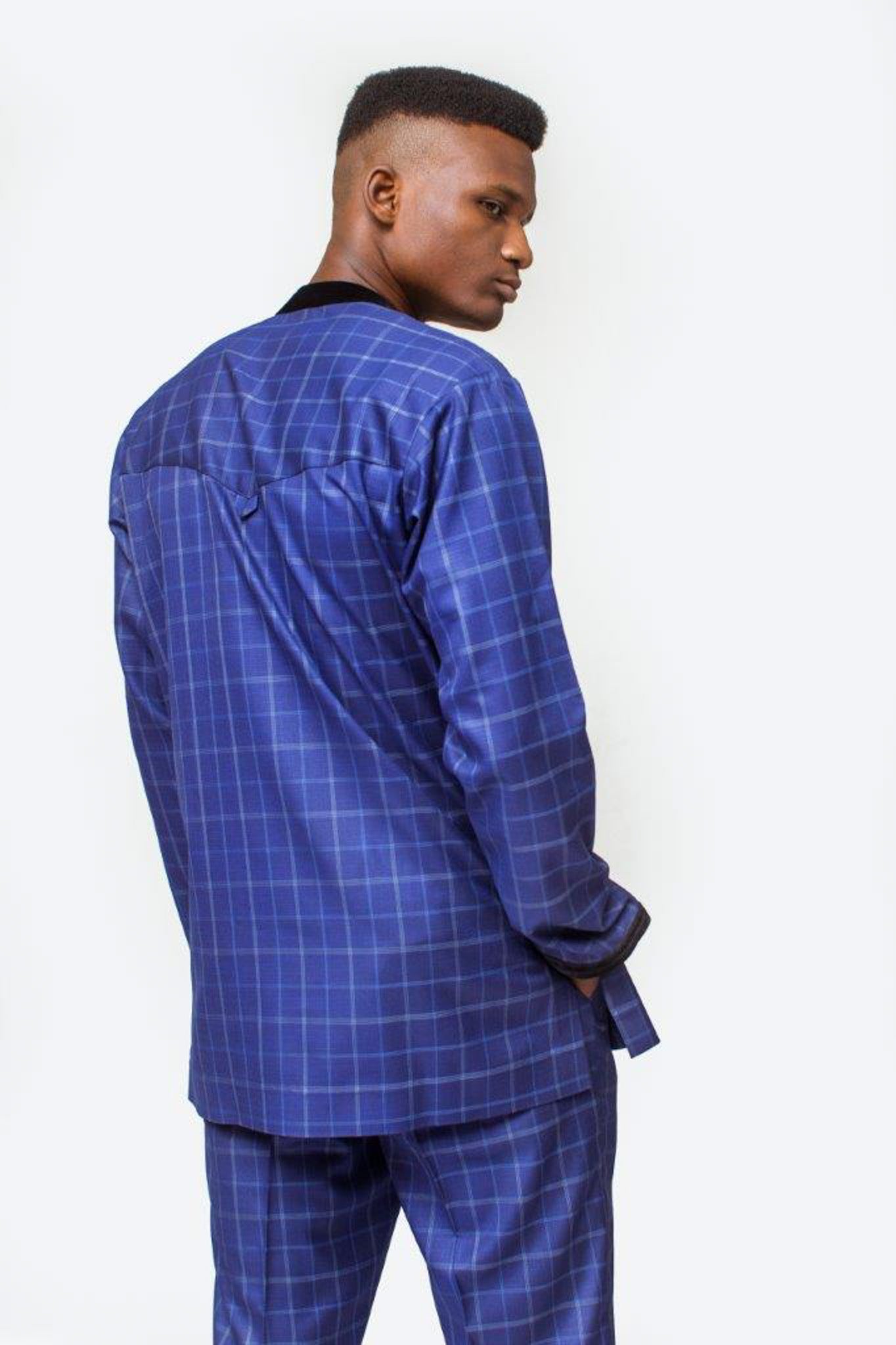 Blue Check Suit with Black Velvet Trimmings Round Neck And Sleeve Edge