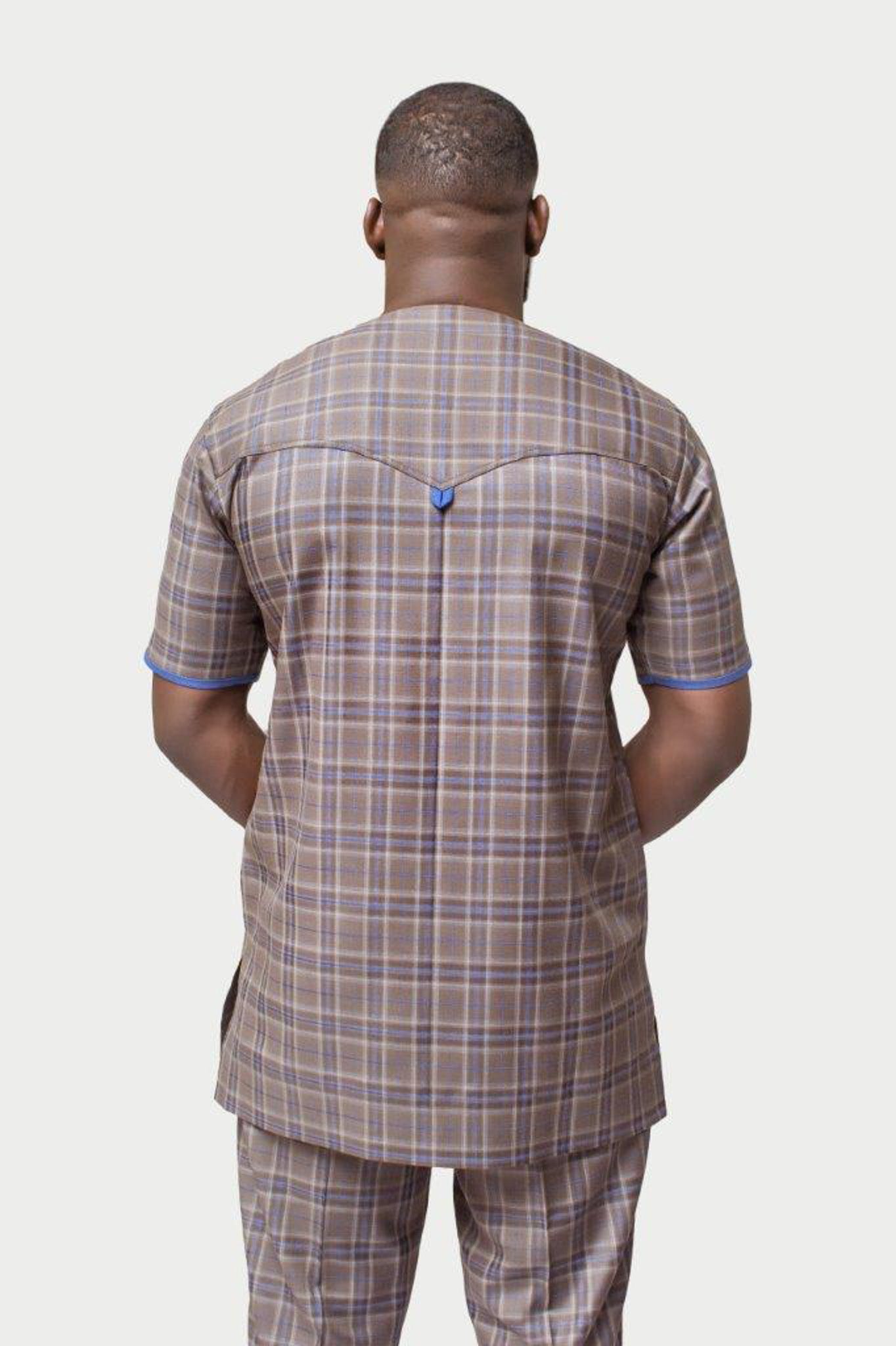 Brown Tartan African Men's Suit with contrasting Tartan Blue Trimmings