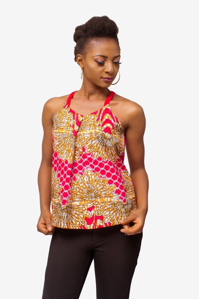 Red African Print Ankara & Net Mix Strappy Top