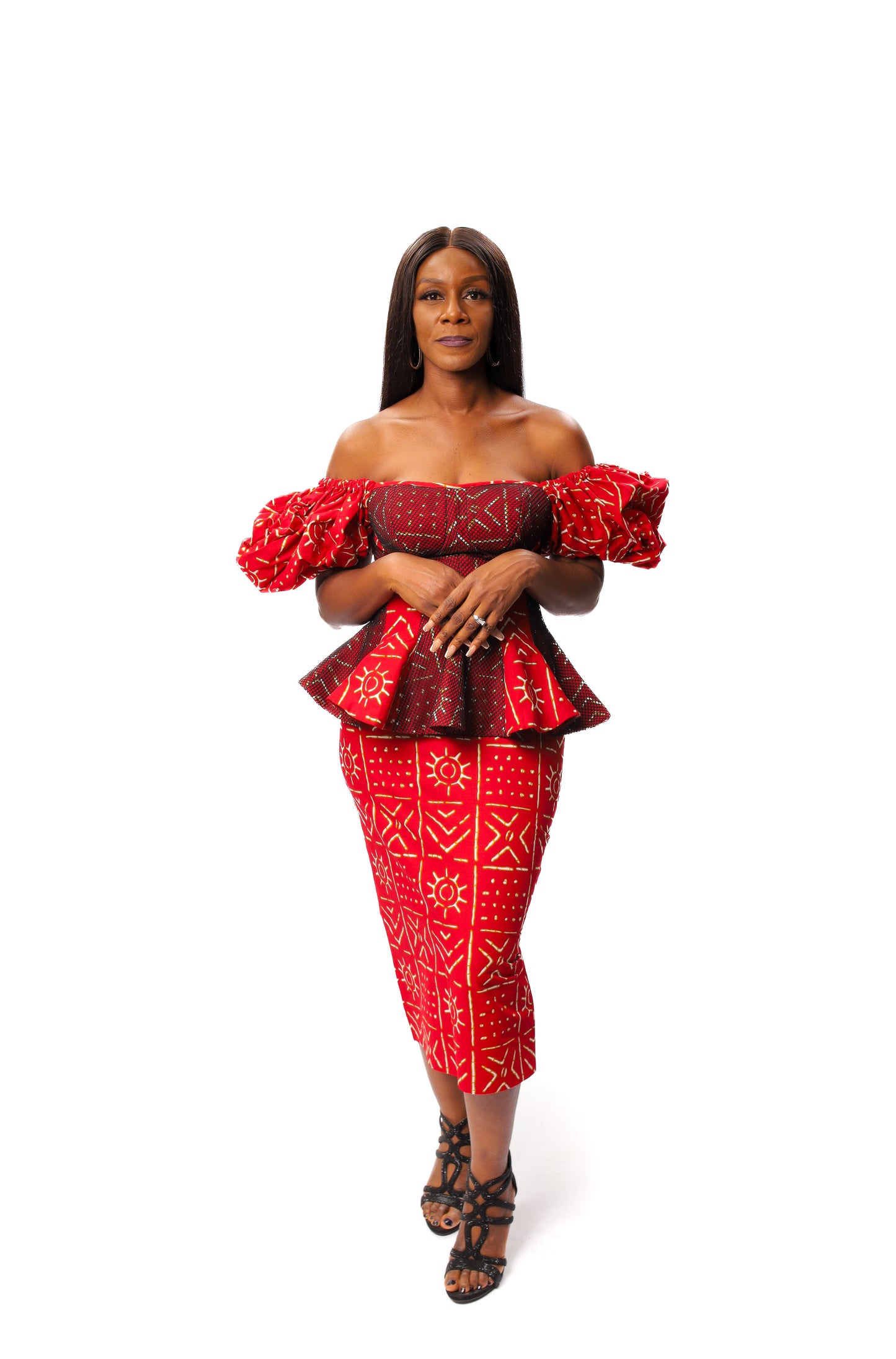 Bogolan Print Off Shoulder Peplum Top & Pencil Skirt, Ankara 2piece Skirt Set, Wandizi Clothing