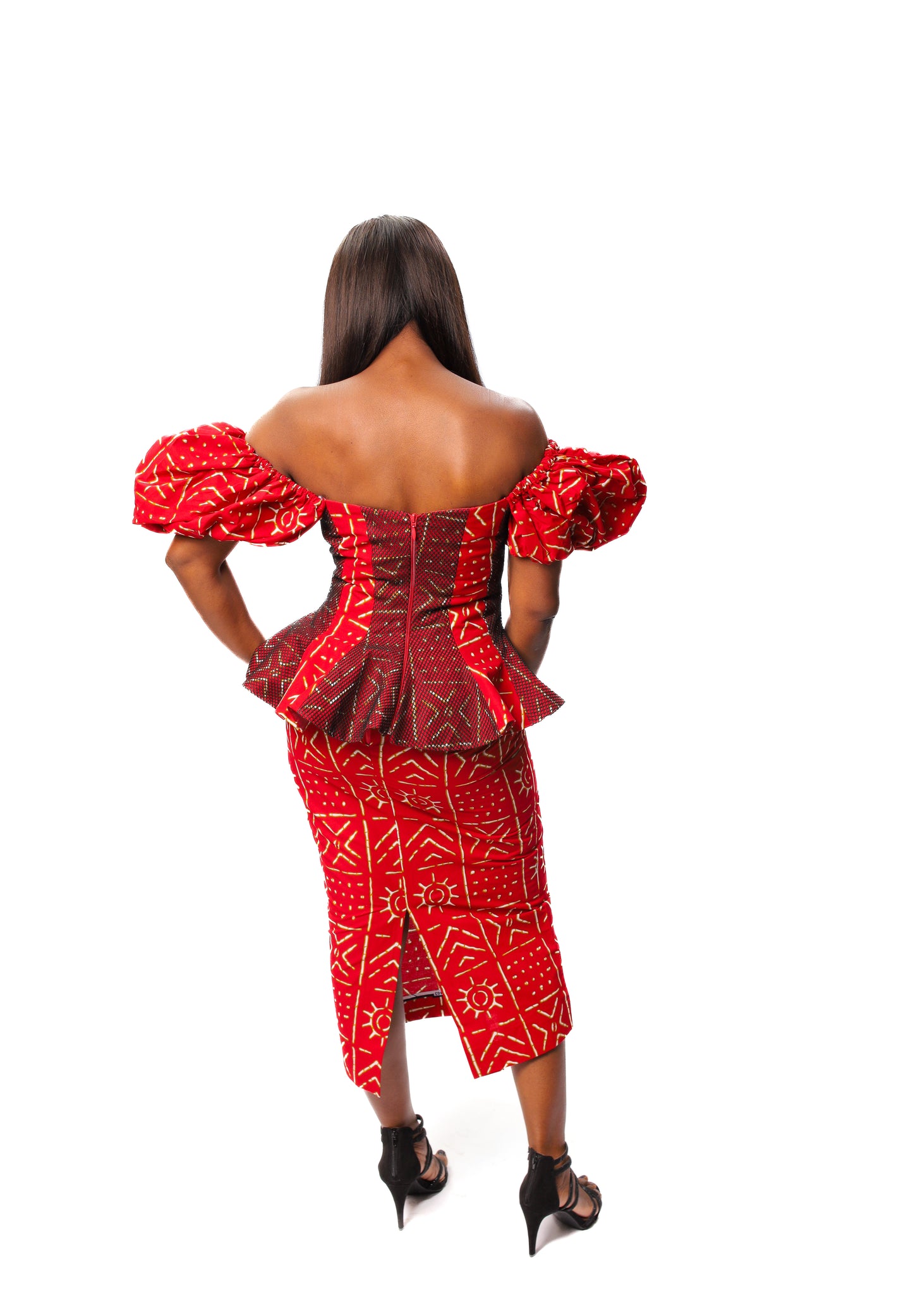 Bogolan Print Off Shoulder Peplum Top & Pencil Skirt, Ankara 2piece Skirt Set, Wandizi Clothing