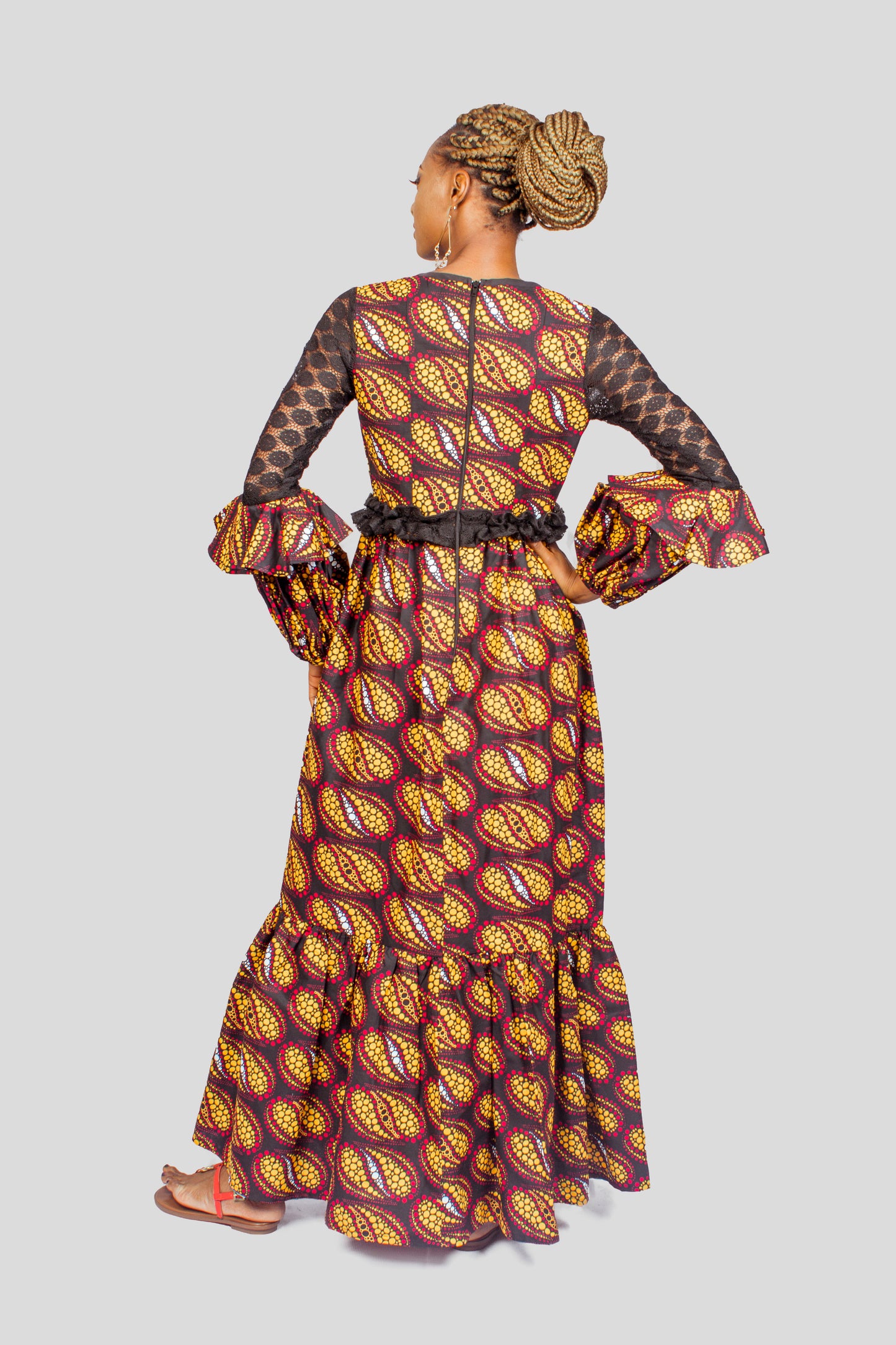Ankara and Lace Sleeved Maxi Dress