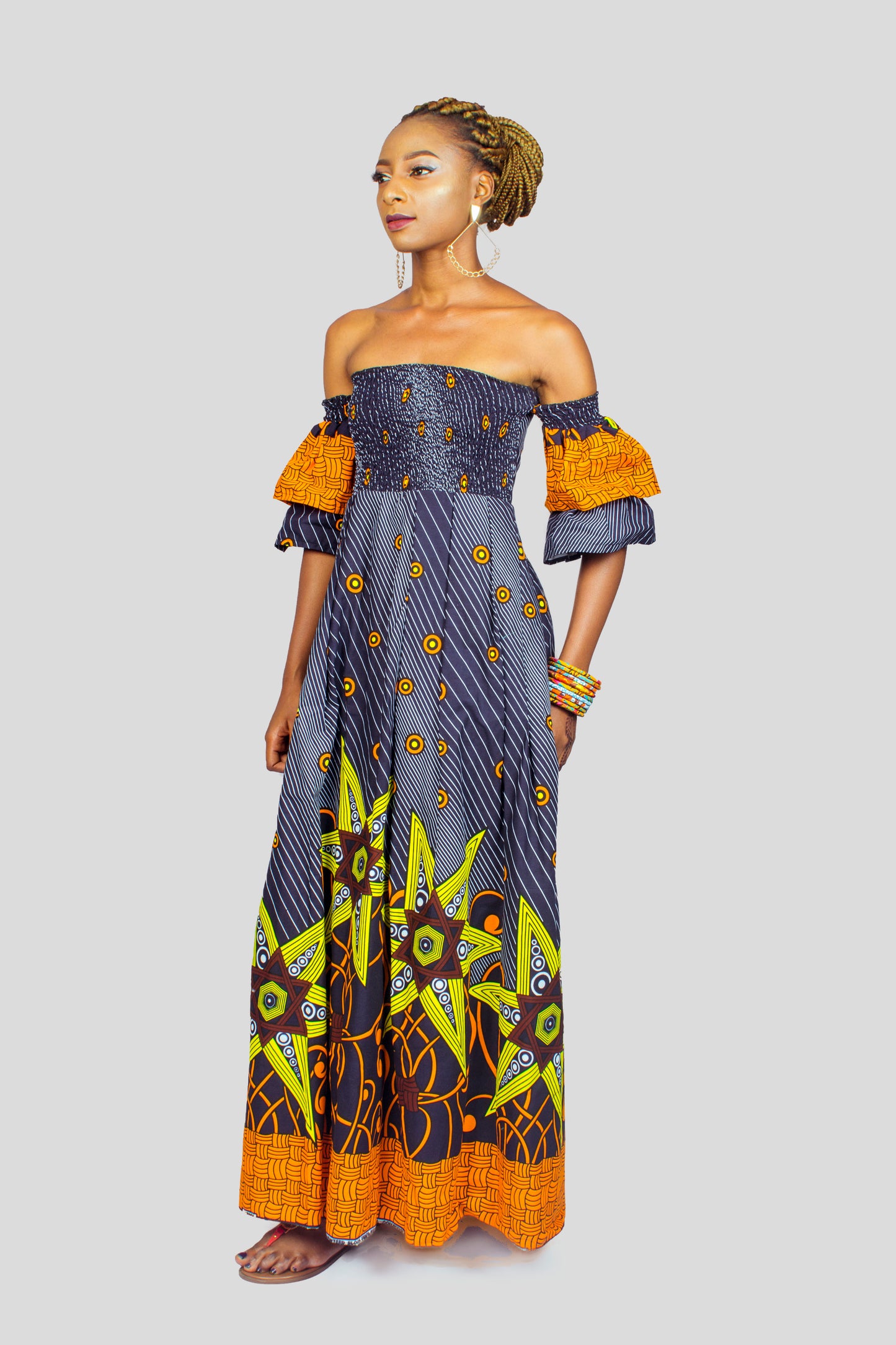 Ankara Off the shoulder Smocked Maxi Dress, African Print Dress, Ankara Maxi Dress, African Clothing