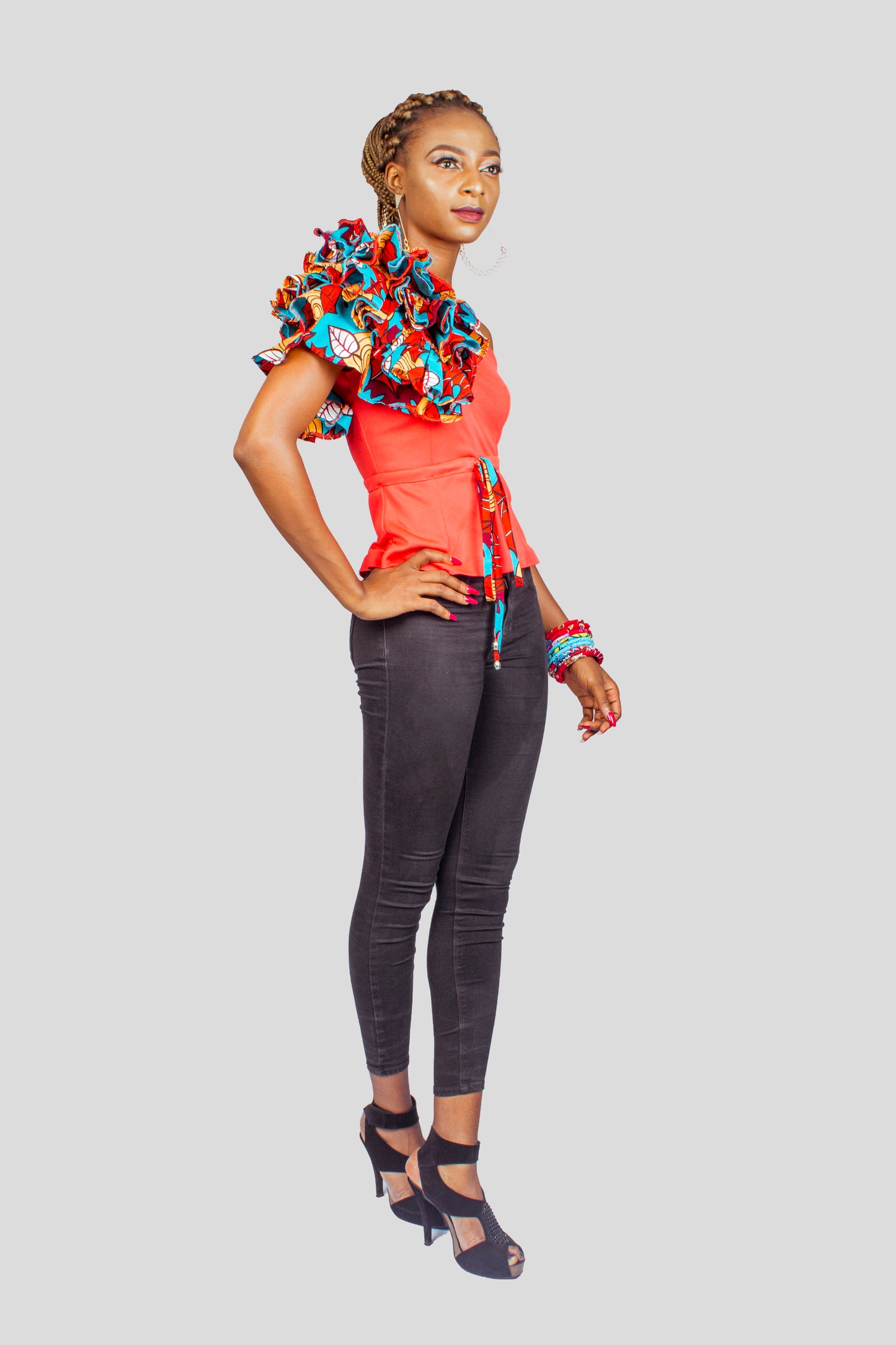 Jersey and Ankara Print One Shoulder Ruffled Top, Ankara Top, African Print Top, Ruffled Top