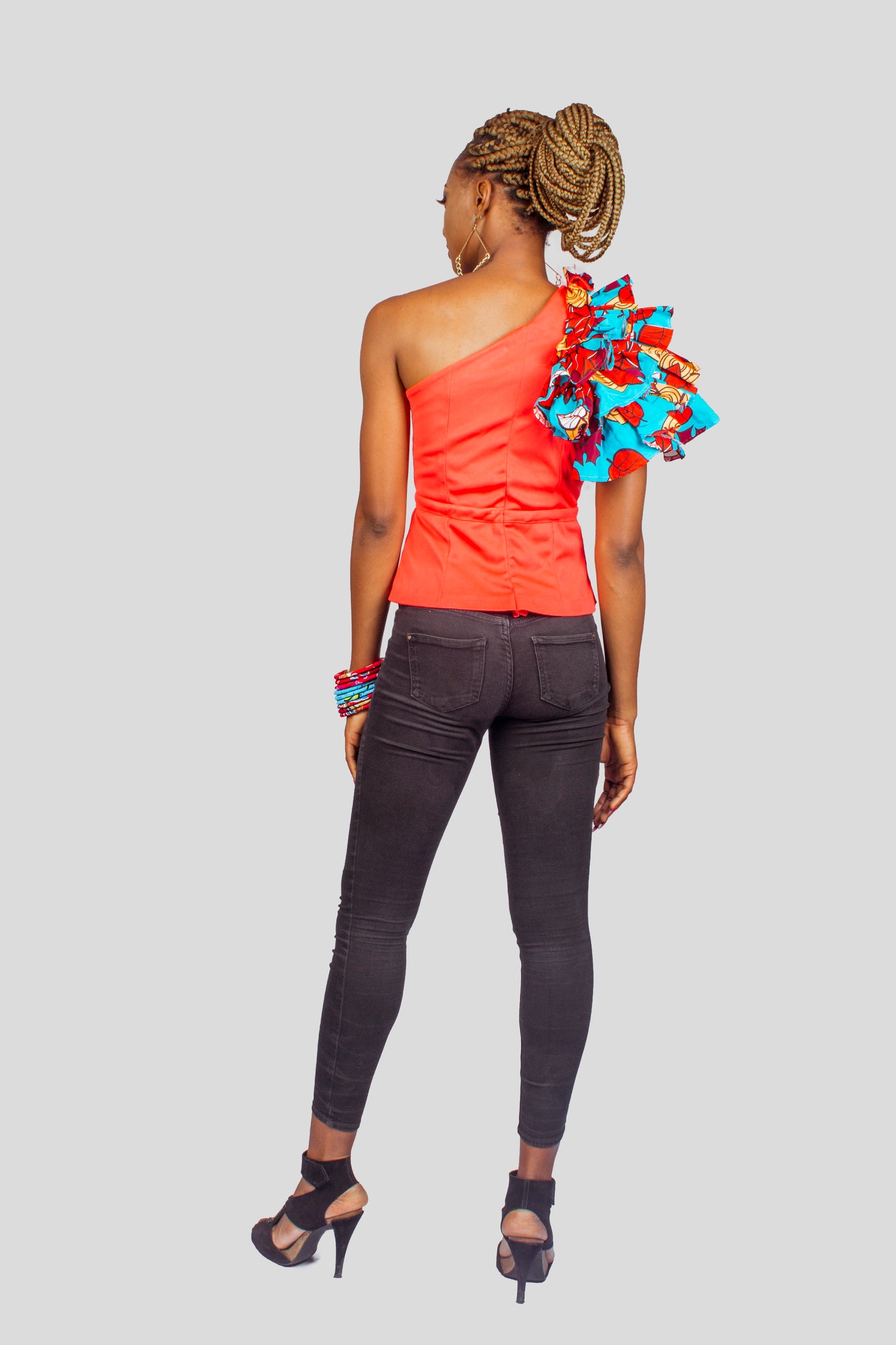 Jersey and Ankara Print One Shoulder Ruffled Top, Ankara Top, African Print Top, Ruffled Top