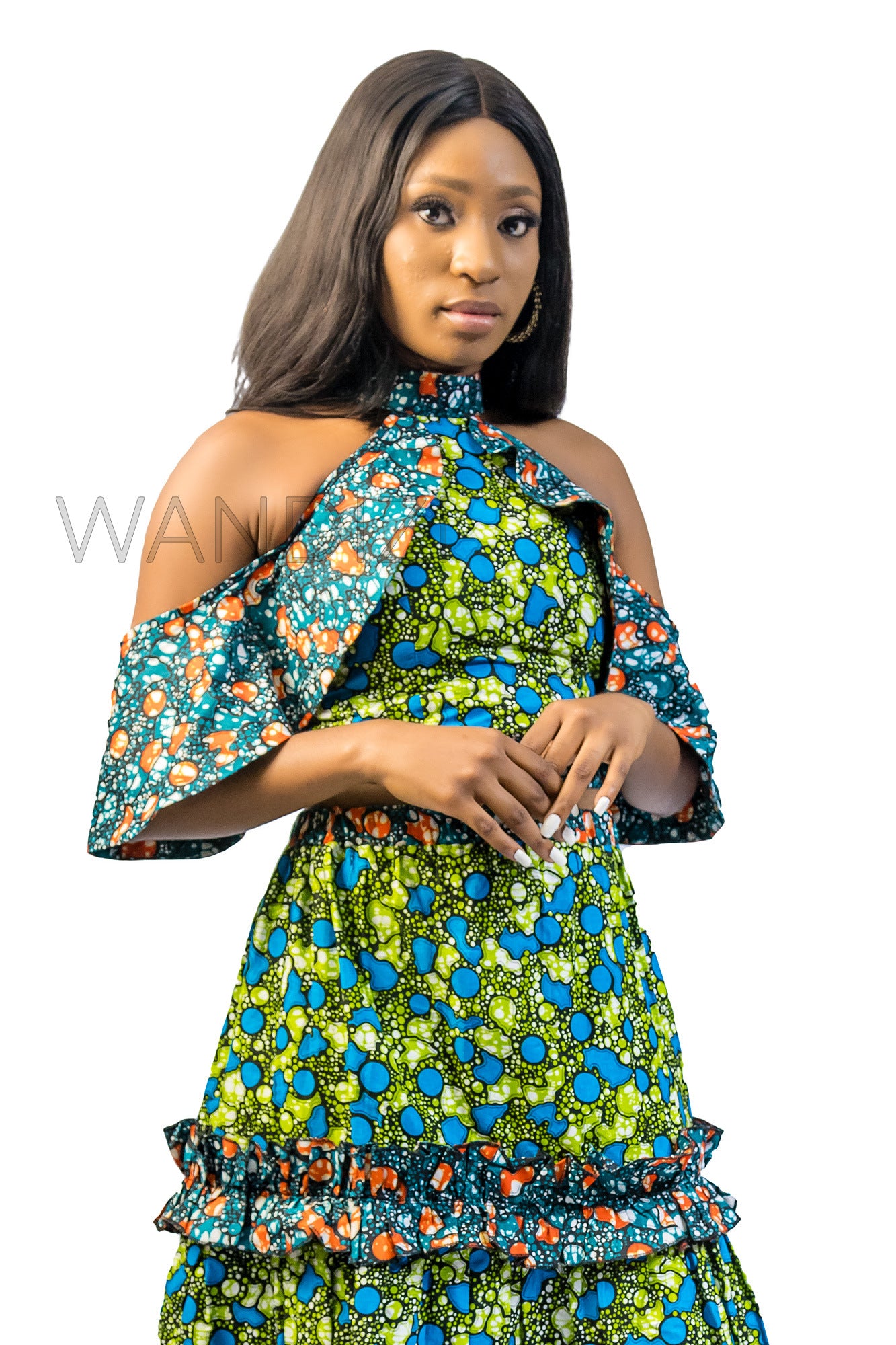 Cold Shoulder Flare Top & Ruffled Layered Long Skirt, Ankara 2piece Skirt