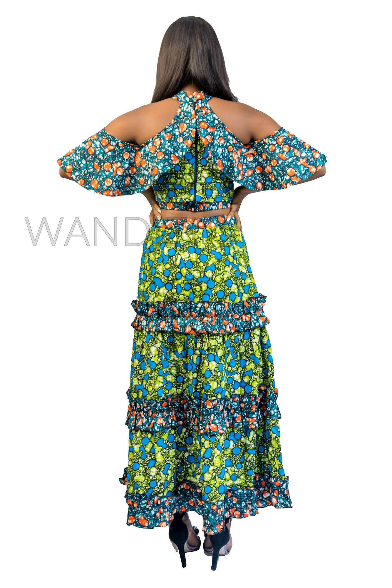 Cold Shoulder Flare Top & Ruffled Layered Long Skirt, Ankara 2piece Skirt