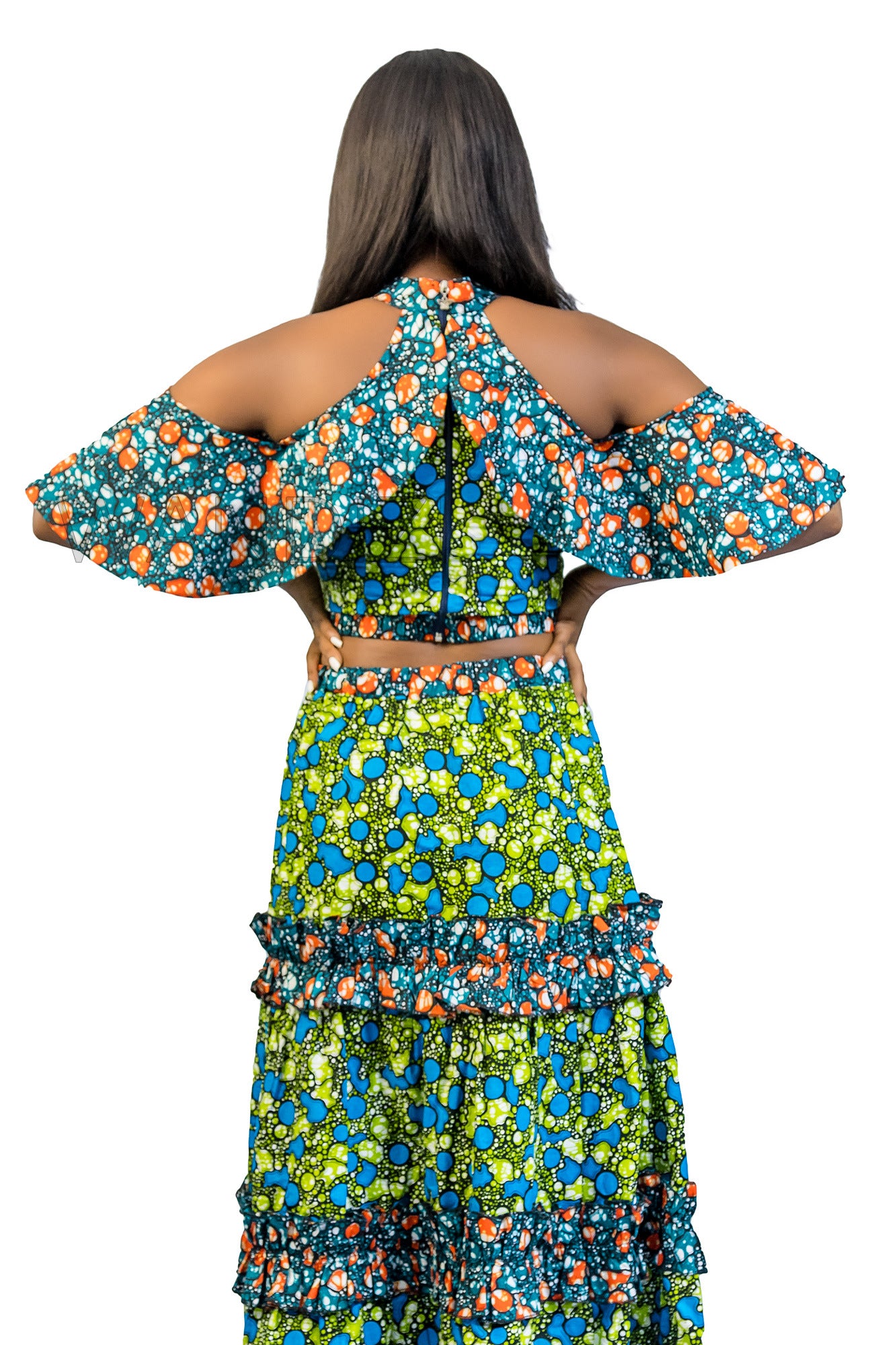 Cold Shoulder Flare Top & Ruffled Layered Long Skirt, Ankara 2piece Skirt