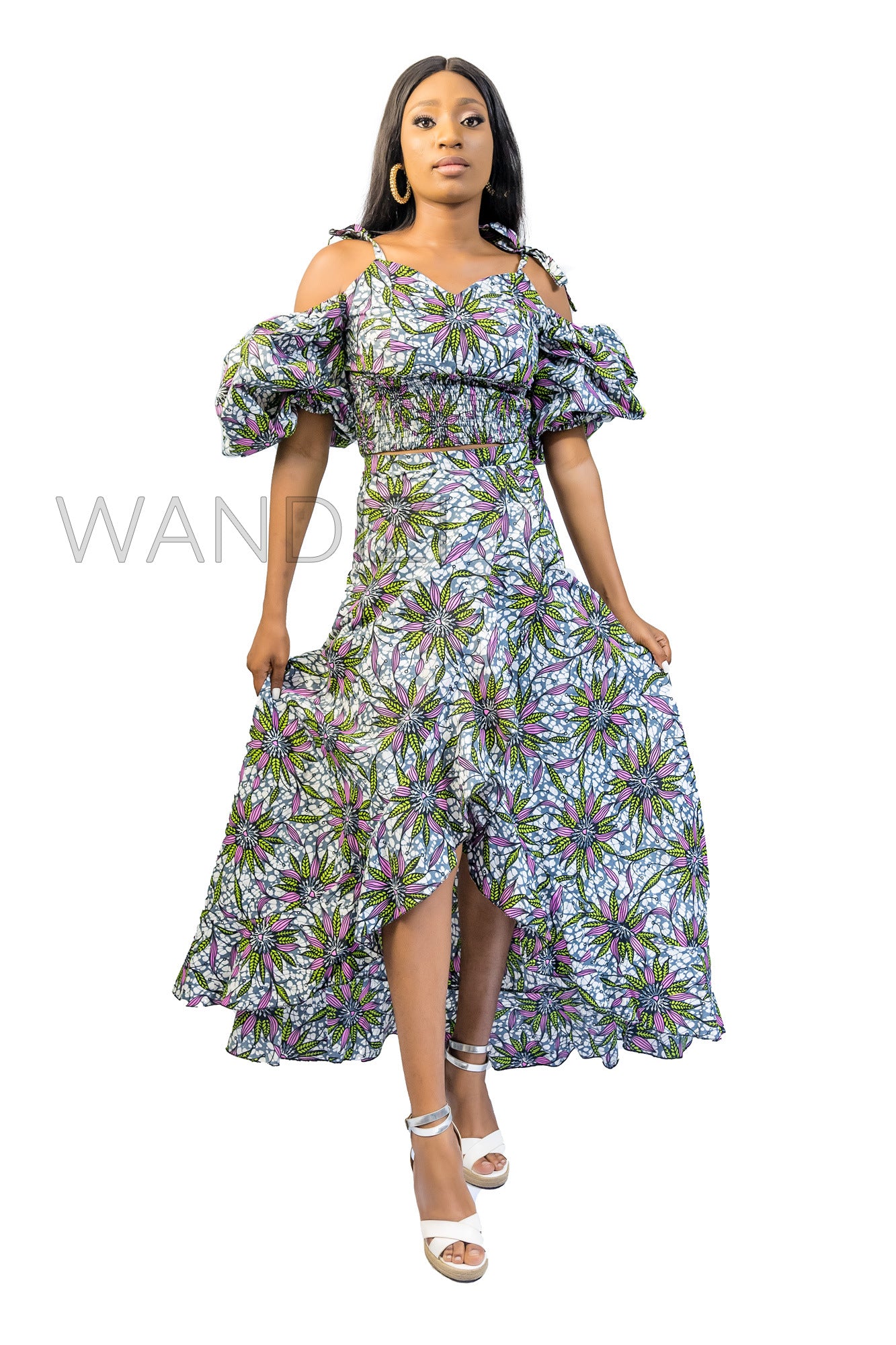 Smocked Elastic Top and Ruffle Wrap Long Skirt, Ankara Crop Top and Wrap Skirt