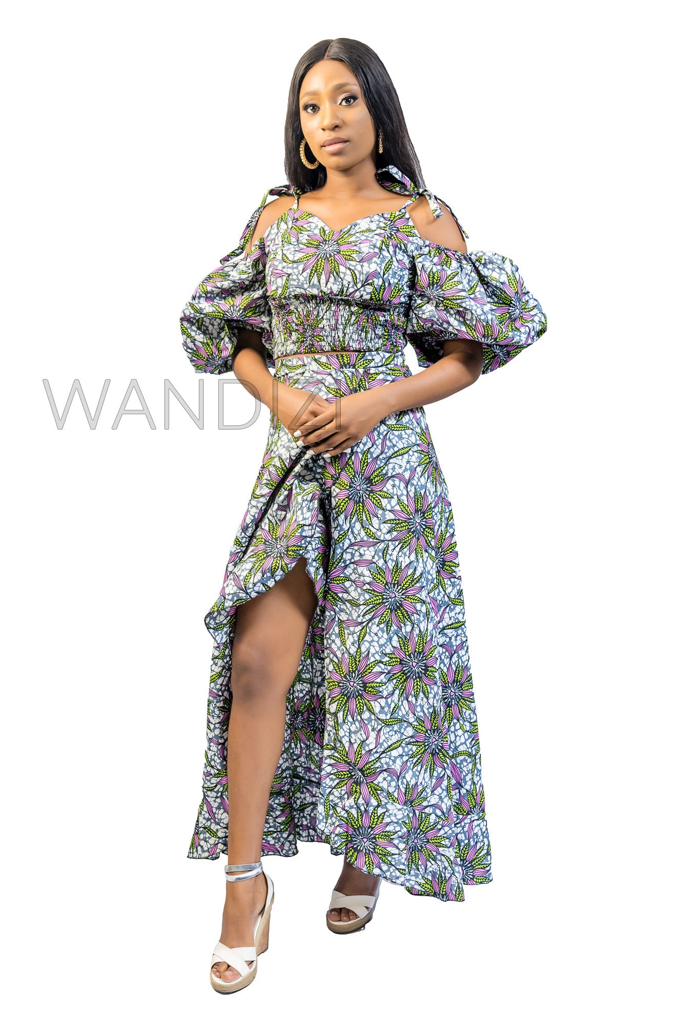 Smocked Elastic Top and Ruffle Wrap Long Skirt, Ankara Crop Top and Wrap Skirt