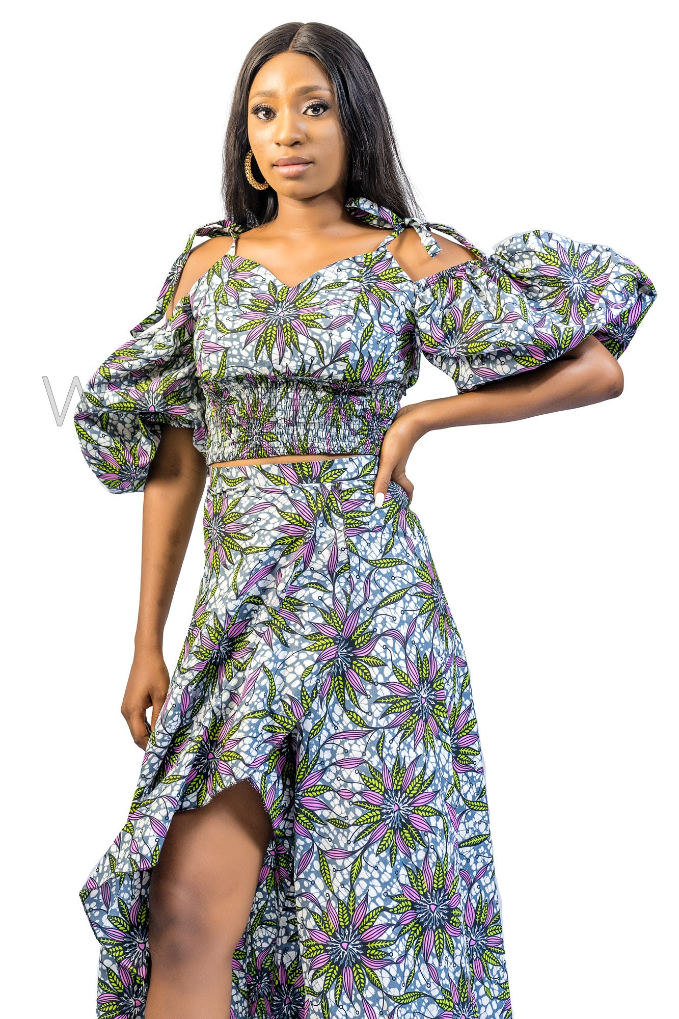 Smocked Elastic Top and Ruffle Wrap Long Skirt, Ankara Crop Top and Wrap Skirt