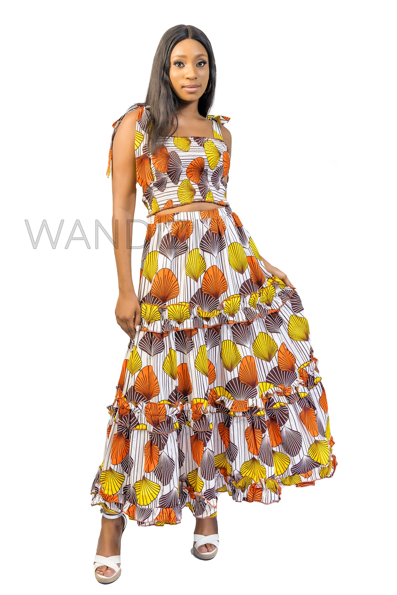 Smocked Elastic Top and Ruffle Layered Long Skirt, Ankara Crop Top and Layered Skirt