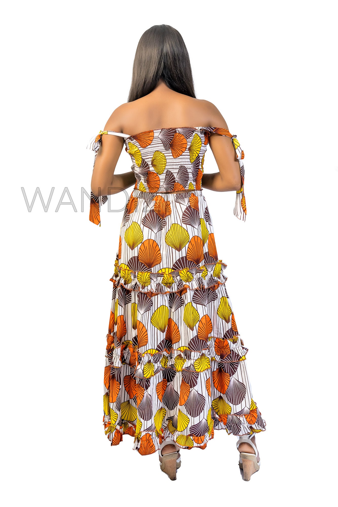 Smocked Elastic Top and Ruffle Layered Long Skirt, Ankara Crop Top and Layered Skirt
