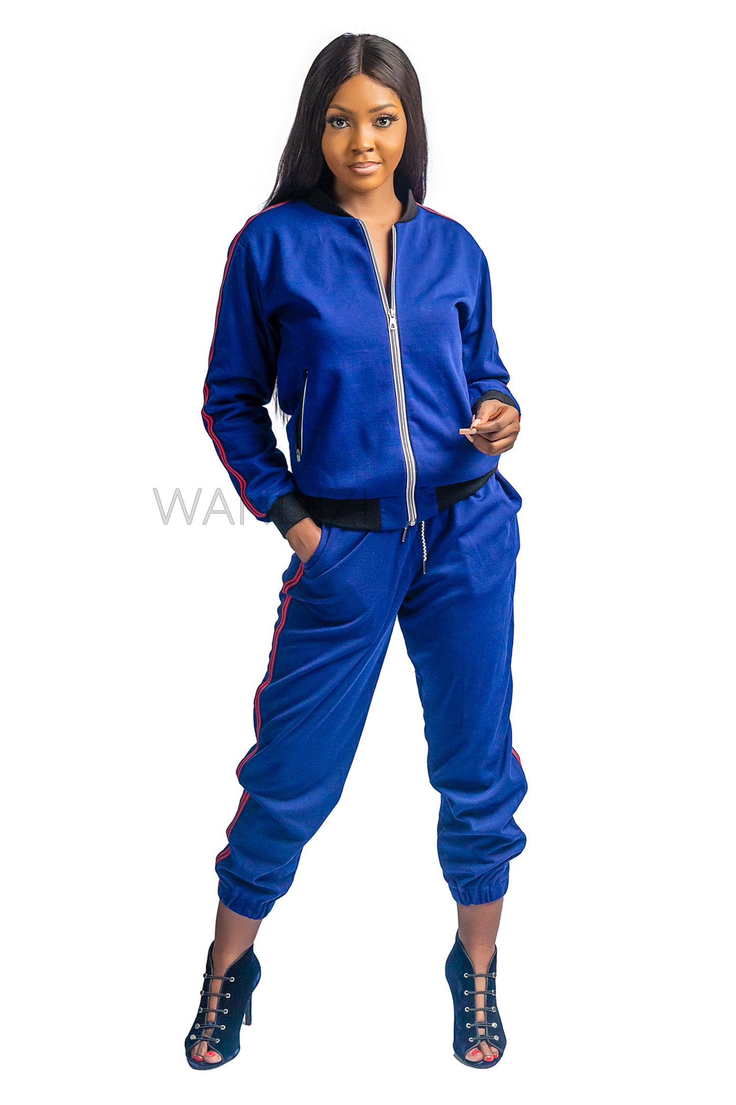 Blue Bomber Jacket and Jogger Pants with Side Stripe Accents