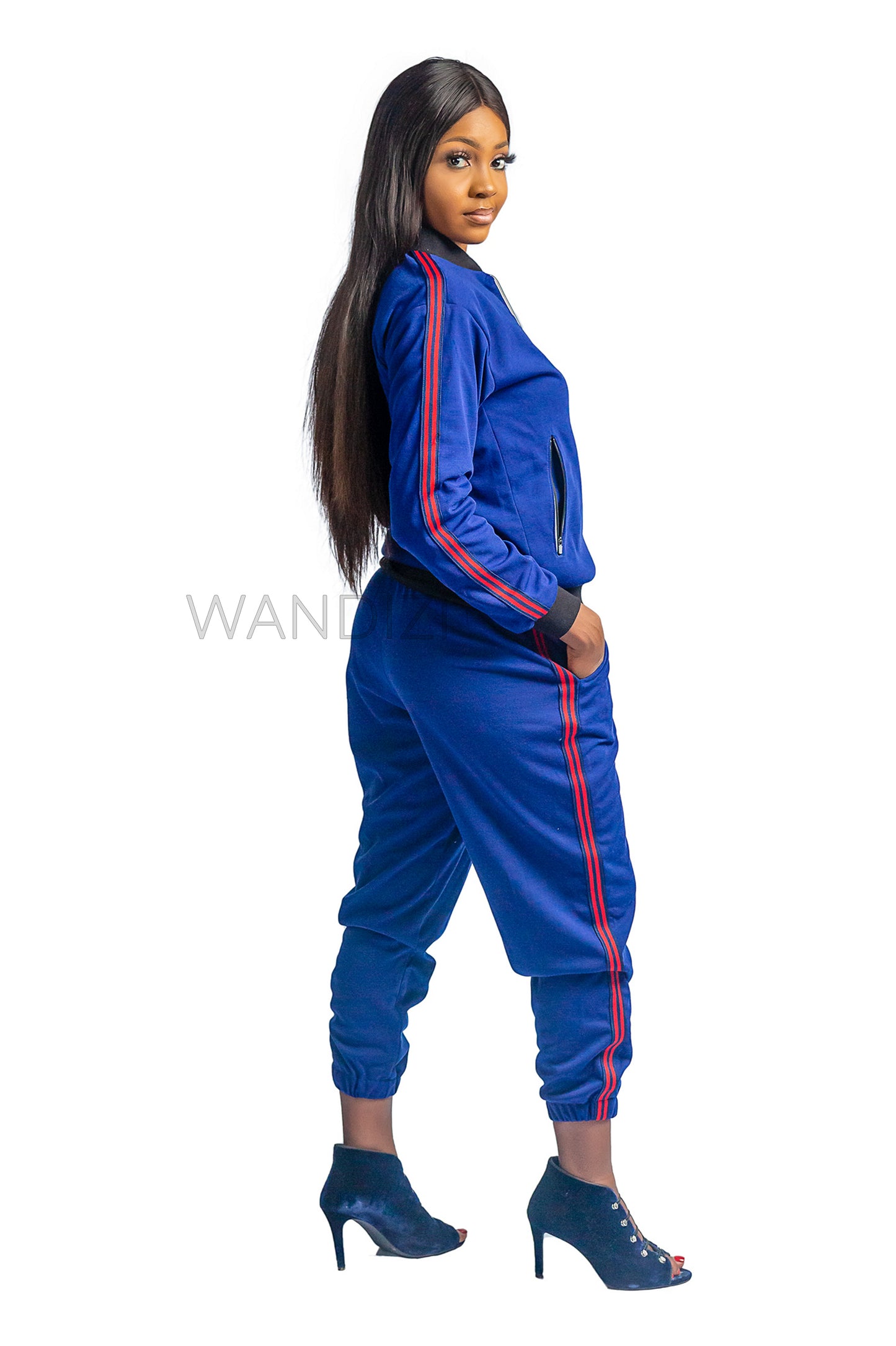 Blue Bomber Jacket and Jogger Pants with Side Stripe Accents
