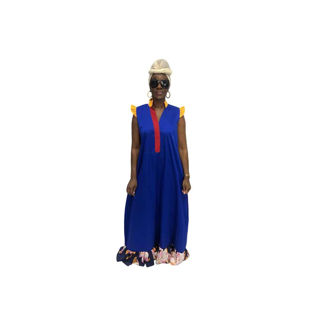 Blue and Orange thin Chiffon Fit and Flared Maxi Dress
