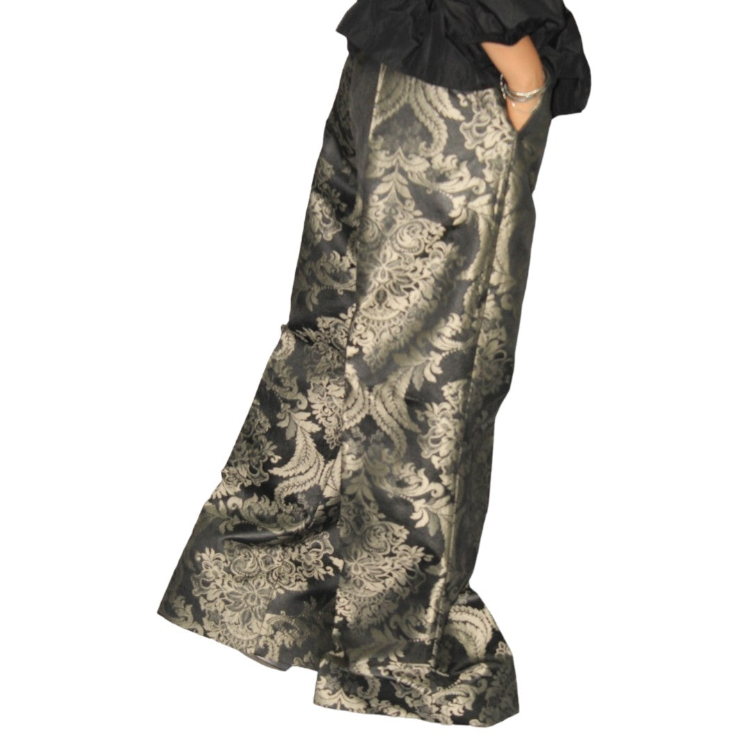 Black And Silver Mix Wide Leg Jacquard/Damask Pants