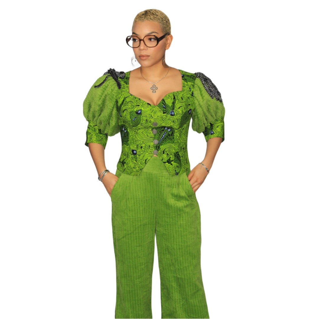 Green Wide Cut Pants with Ankara Overlay Marching Top