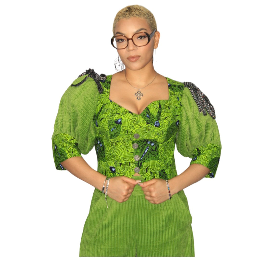 Green Wide Cut Pants with Ankara Overlay Marching Top
