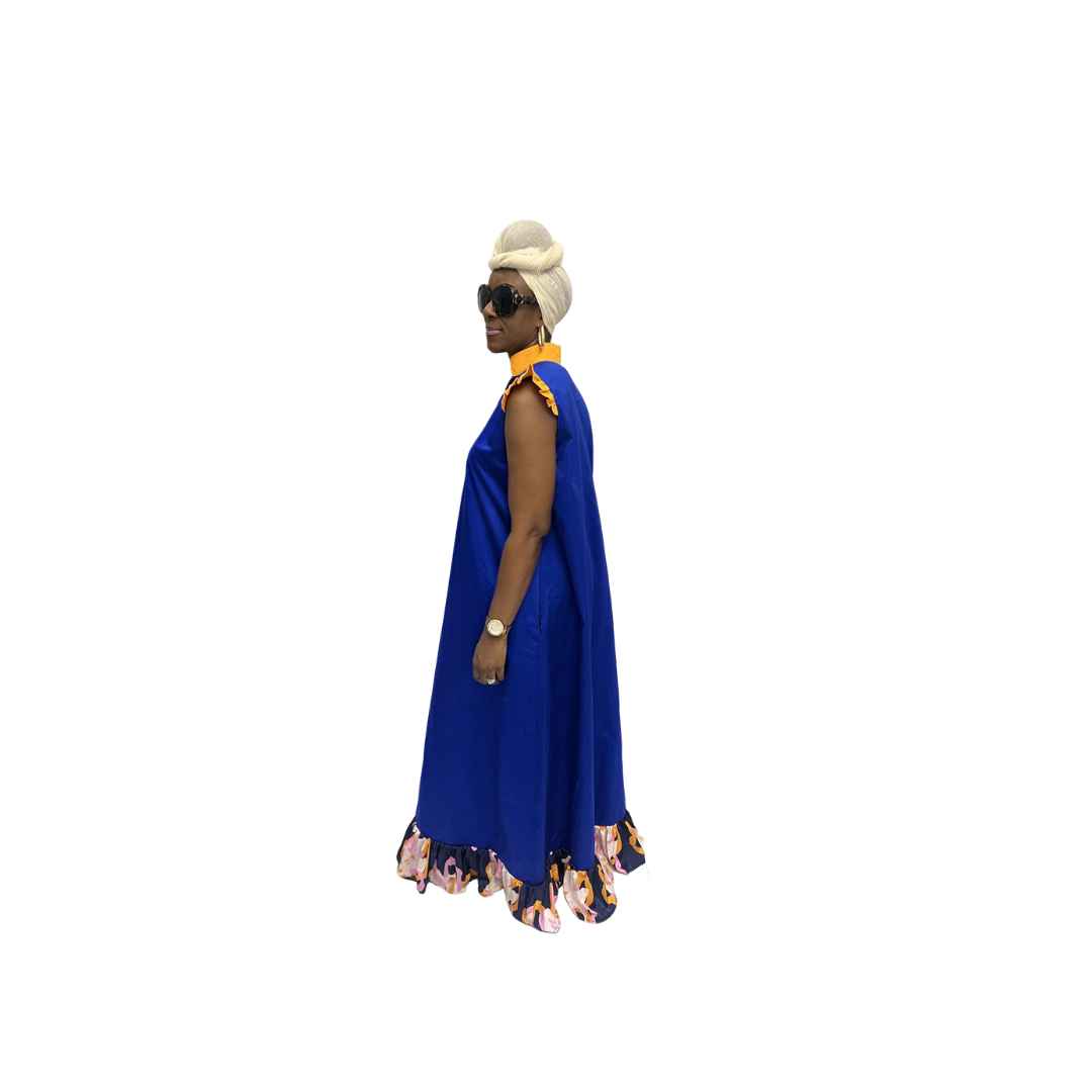 Blue and Orange thin Chiffon Fit and Flared Maxi Dress